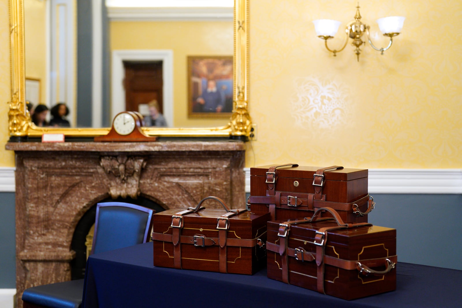 The mahogany boxes that will hold the electoral votes are on display on Capitol Hill, Thursday, Dec. 19, 2024, in Washington. (AP Photo/Yuri Gripas)