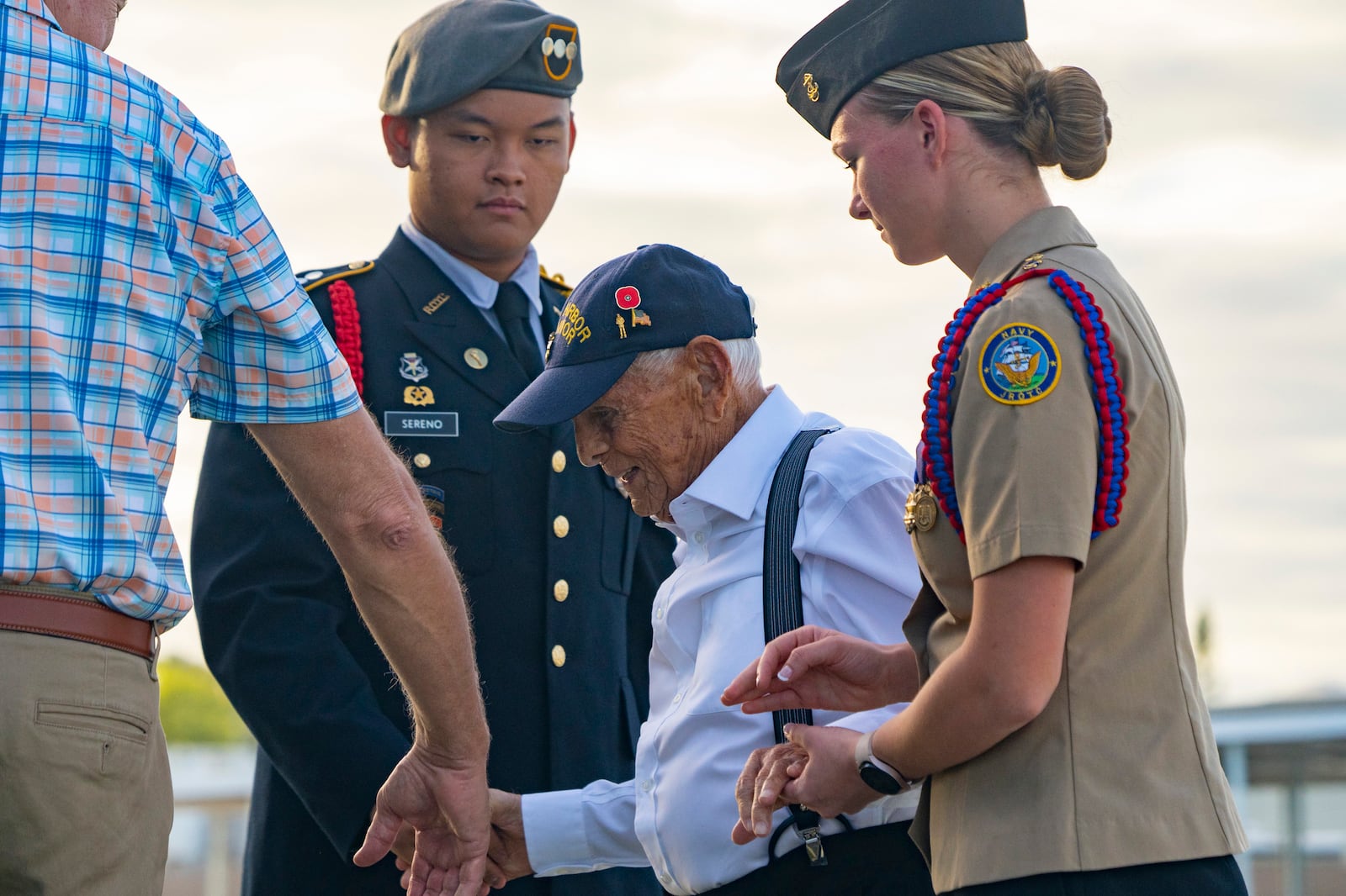 FILE - Pearl Harbor survivor Harry Chandler, 102, of Tequesta, Fla., attends the 82nd Pearl Harbor Remembrance Day ceremony on Dec. 7, 2023, at Pearl Harbor in Honolulu. (AP Photo/Mengshin Lin, File)