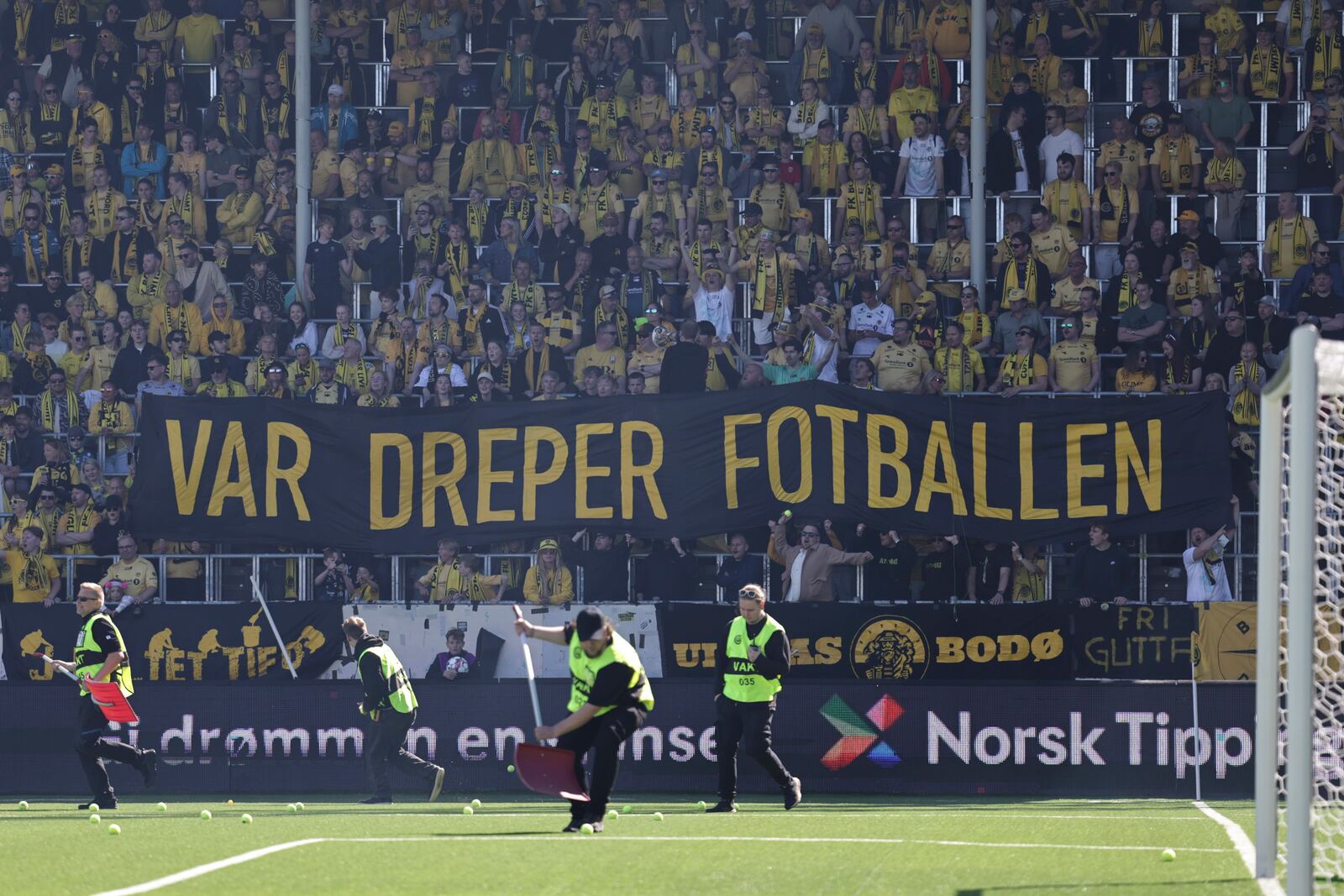 FILE - Fans display a sign reading in Norwegian "VAR kills football", during a football match between Bodo/Glimt and Brann at Aspmyra stadium, in Bodo, Norway, July 7, 2024. (Thomas Andersen/NTB via AP, file)