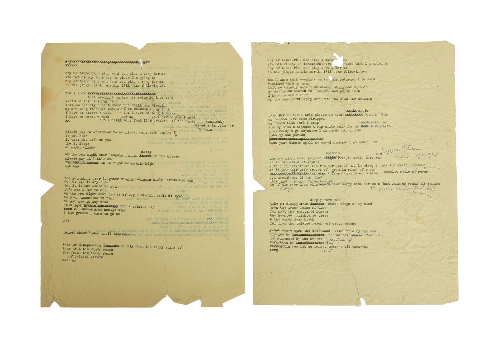 An image released by Julien's Auctions shows musician Bob Dylan's lyrics for famed song "Mr. Tamborine Man" are show in this undated image. (Julien's Auctions via AP)