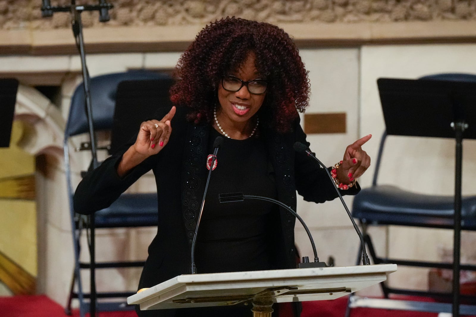 Canara Price speaks during a ceremony in celebration of Roberta Flack's life at The Abyssinian Baptist Church on Monday, March 10, 2025, in New York. (AP Photo/Richard Drew)