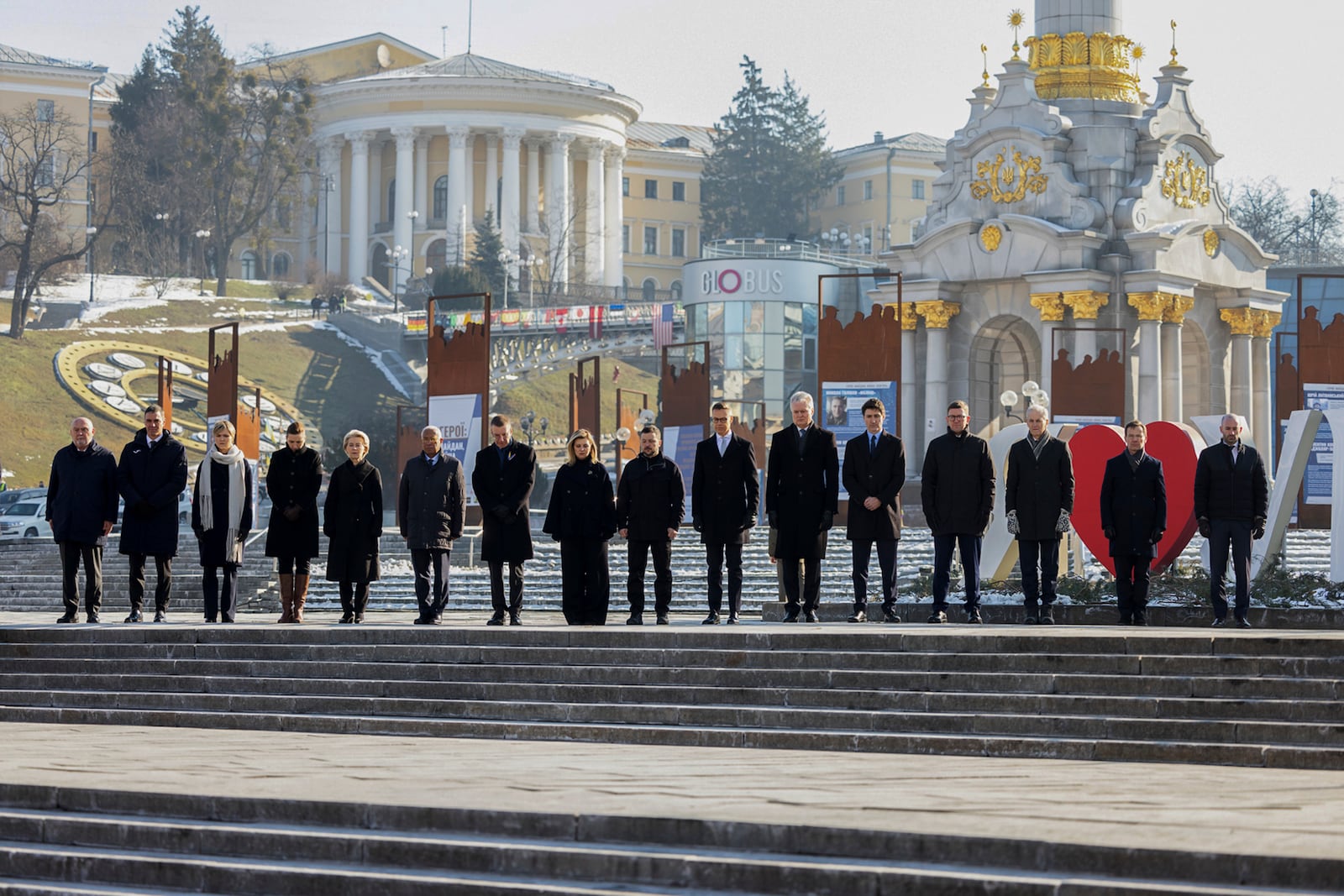 In this photo provided by the Ukrainian Presidential Press Office, European leaders attending the ceremony at the memorial to the fallen Ukrainian soldiers on Independence Square in Kyiv, Ukraine, Monday, Feb. 24, 2025. (Ukrainian Presidential Press Office via AP)