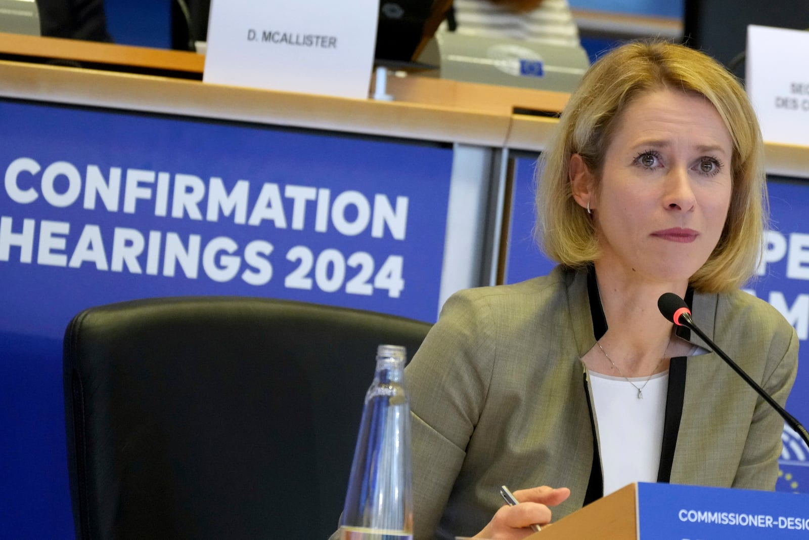 Estonia's Kaja Kallas, nominee for European Union High Representative and Vice-President for Foreign Affairs and Security Policy, speaks during her hearing at the European Parliament in Brussels on Tuesday, Nov. 12, 2024. (AP Photo/Virginia Mayo)