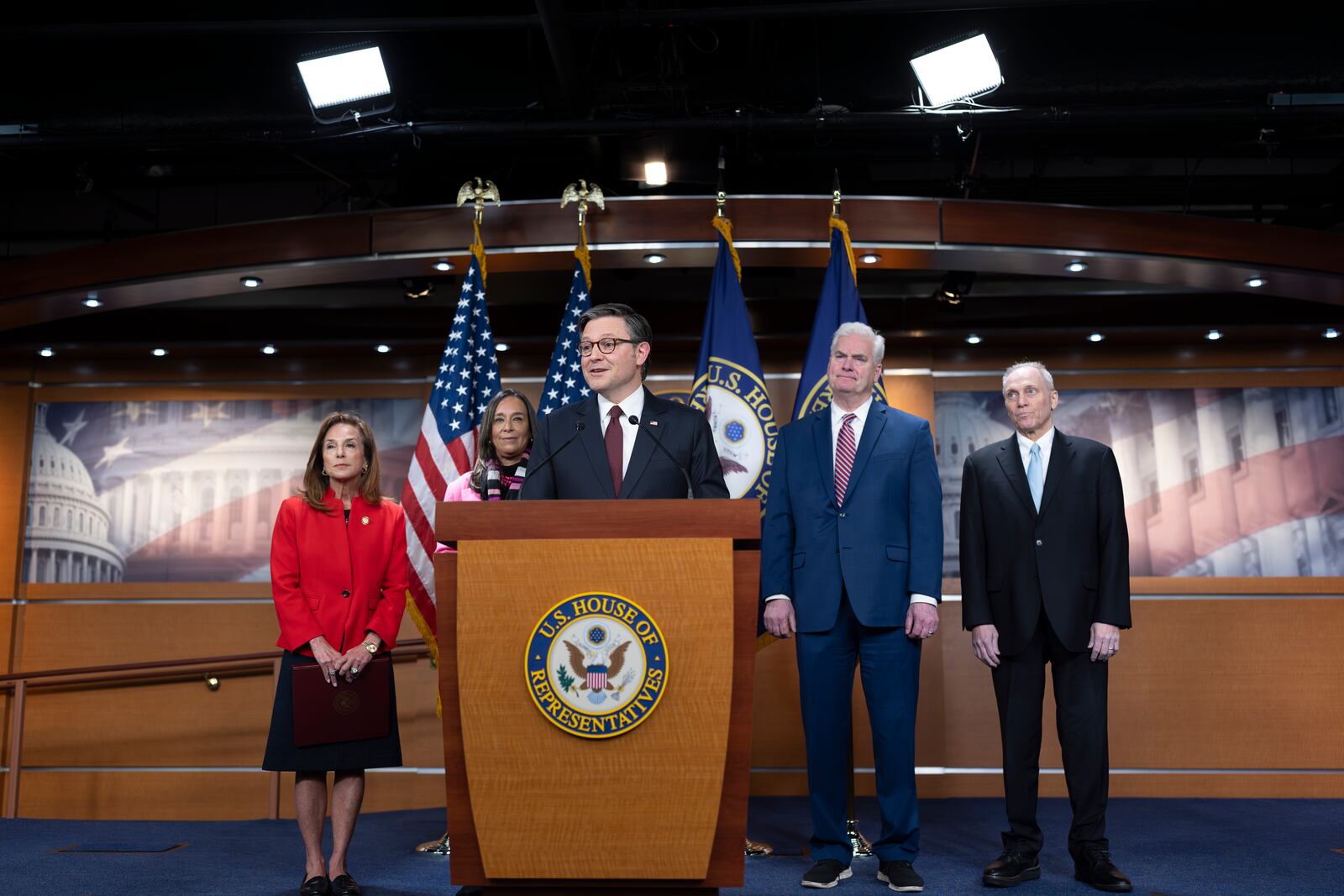 Speaker of the House Mike Johnson, R-La., center, is joined by, from left, Rep. Lisa McClain, R-Mich., chair of the House Republican Conference, Rep. Monica De La Cruz, R-Texas, House Majority Whip Tom Emmer, R-Minn., and House Majority Leader Steve Scalise, R-La., as they speak with reporters to discuss the Trump agenda following a closed-door strategy session, at the Capitol in Washington, Wednesday, Feb. 5, 2025. (AP Photo/J. Scott Applewhite)