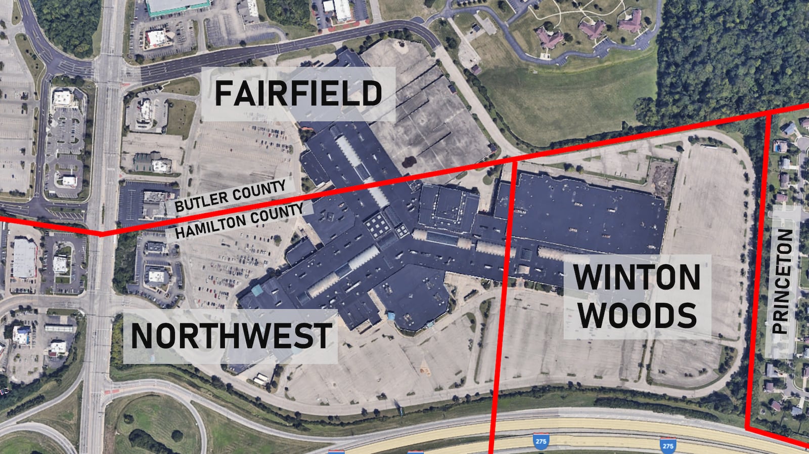 Pictured is jurisdictional breakdown by school district of the Forest Fair Village property (originally the Forest Fair Mall). Hillwood is considering purchasing the property, but is seeking buy in from Fairfield and Forest Park before seeking rezoning of the 90.5-acre property the bisects the two communities. If zoning is approved, Hillwood would seek to purchase the property and build a mixed-use development. PROVIDED/CITY OF FAIRFIELD