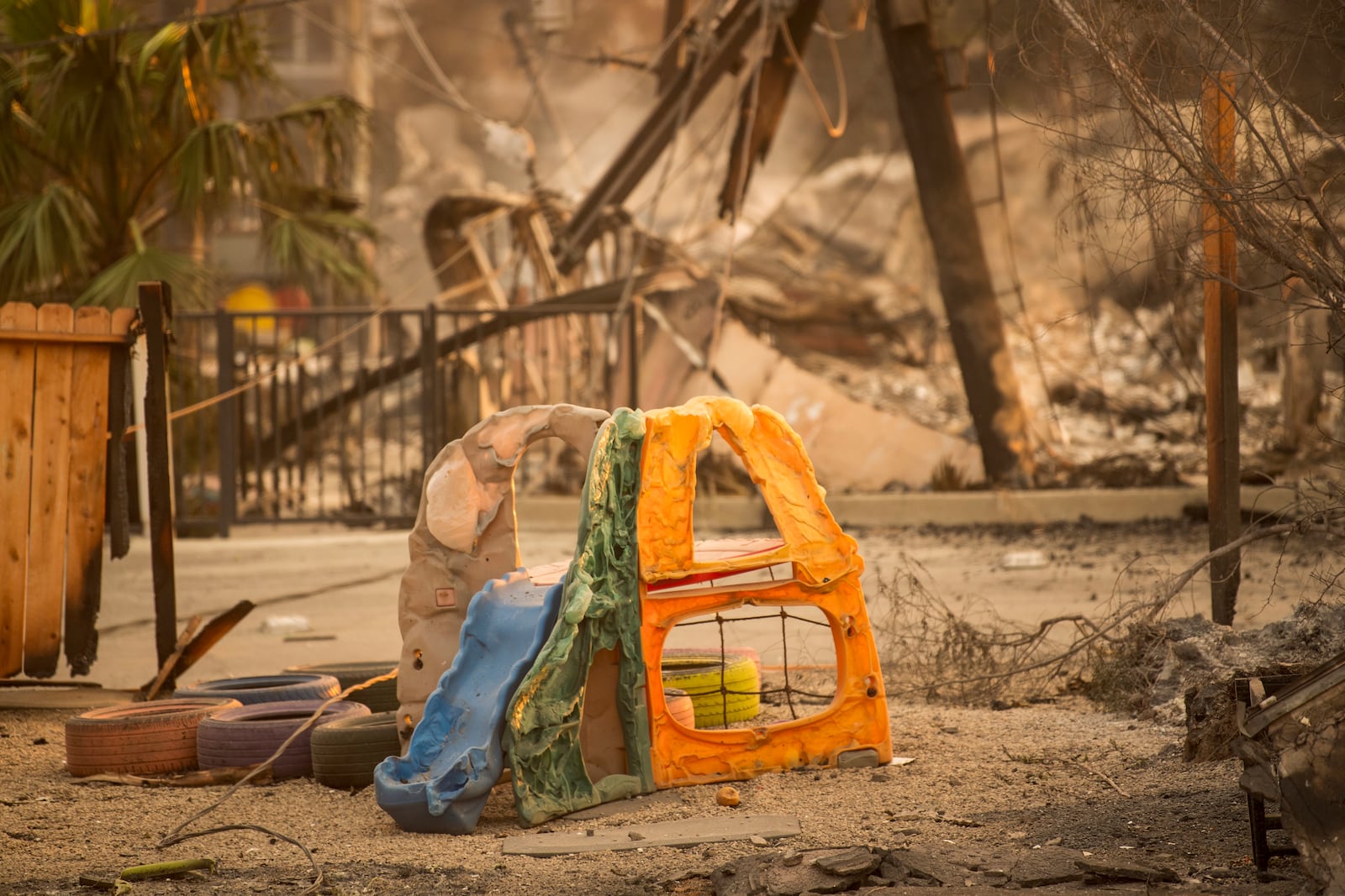 A play structure burnt in the Eaton Fire is shown in Altadena, Calif., Friday, Jan. 10, 2025. (AP Photo/Nic Coury)