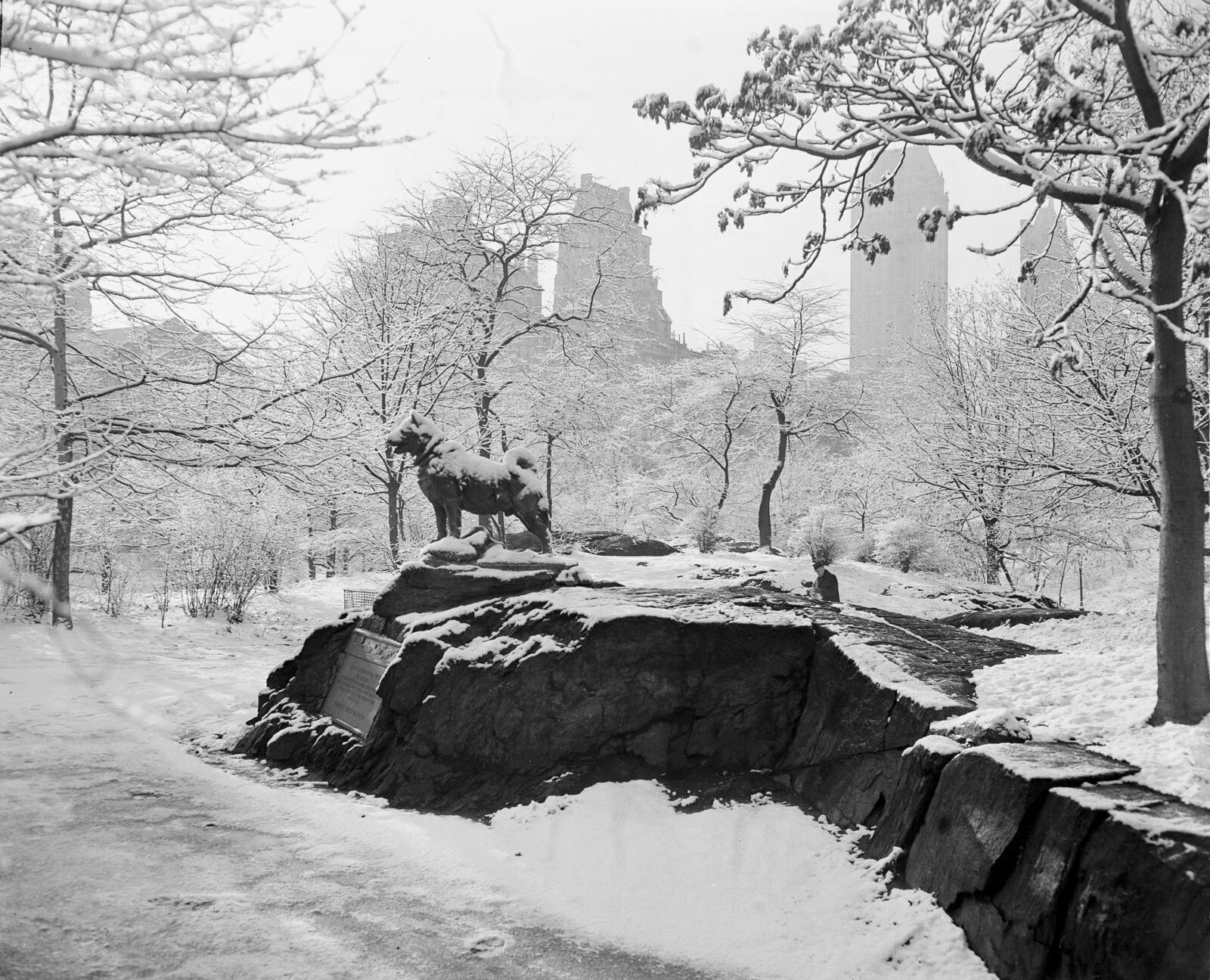 FILE - The statue erected to honor "Balto" and other heroic sled dogs who carried serum to Nome, Alaska, through an Arctic blizzard is covered in snow in New York's Central Park, Dec. 11, 1947. (AP Photo/Anthony Camerano, File)