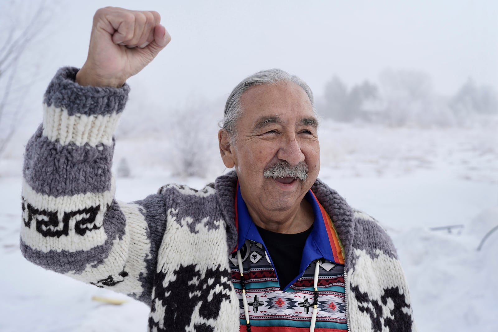 Leonard Peltier stands for a portrait in Belcourt, N.D, on Tuesday, Feb. 25, 2025. (AP Photo/Mark Vancleave)