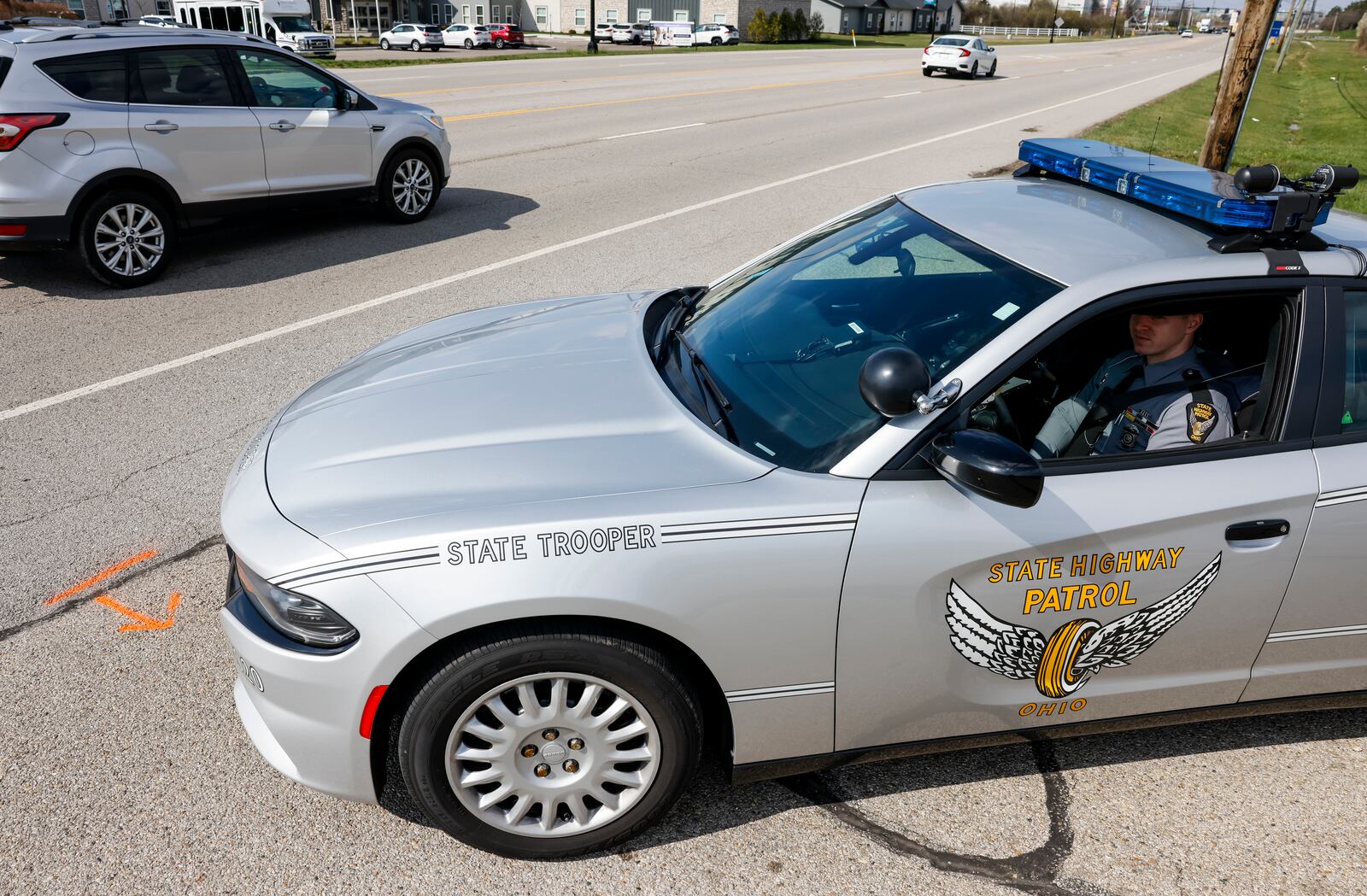 Ohio State Highway Patrol Sgt. Tyler Ross explained the new distracted driving law that goes into effect Tuesday, April 4, 2023. There will be a 6-month warning phase before troopers can start writing tickets for distracted driving as a main offense. NICK GRAHAM/STAFF