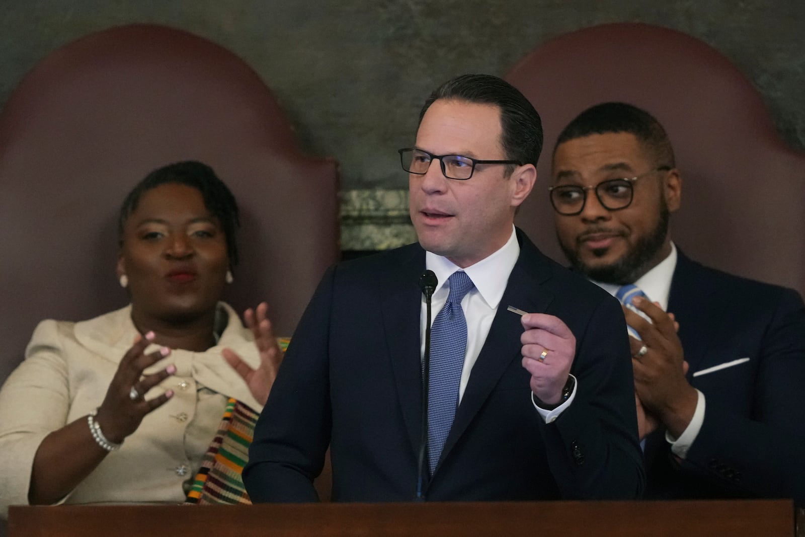 Pennsylvania Gov. Josh Shapiro delivers his budget address for the 2025-26 fiscal year to a joint session of the state House and Senate at the Capitol is seen, Tuesday, Feb. 4, 2025, in Harrisburg, Pa. (AP Photo/Matt Rourke)