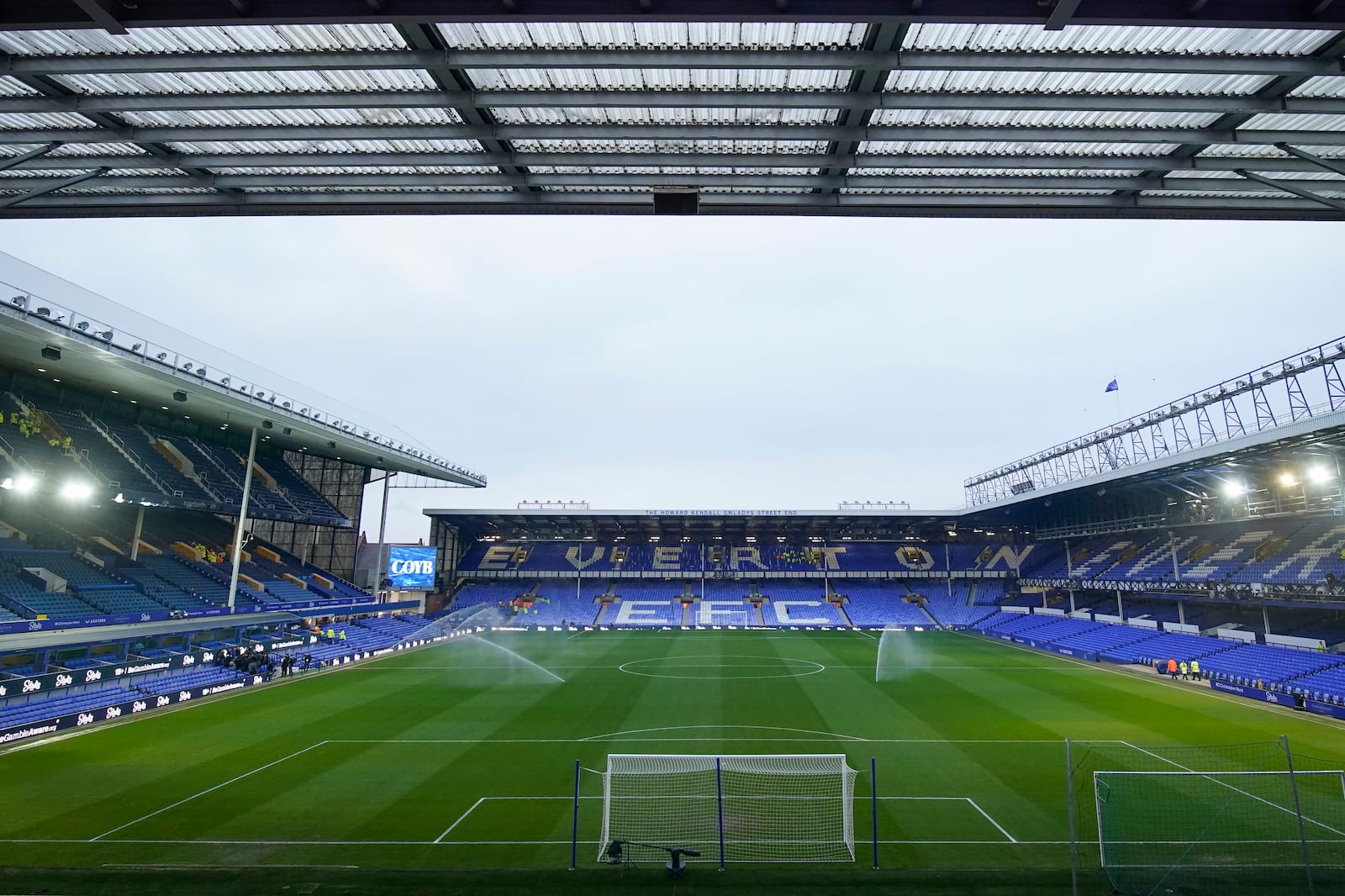 A general view of Goodison Park stadium ahead of the English Premier League soccer match between Everton and Liverpool, Liverpool, England, Wednesday, Feb.12, 2025. (AP Photo/Dave Thompson)