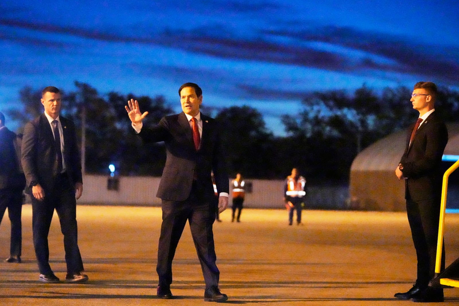 Secretary of State Marco Rubio boards a plane at El Salvador International Airport in San Luis Talpa, El Salvador, Tuesday, Feb. 4, 2025, en route to Costa Rica. (AP Photo/Mark Schiefelbein, Pool)