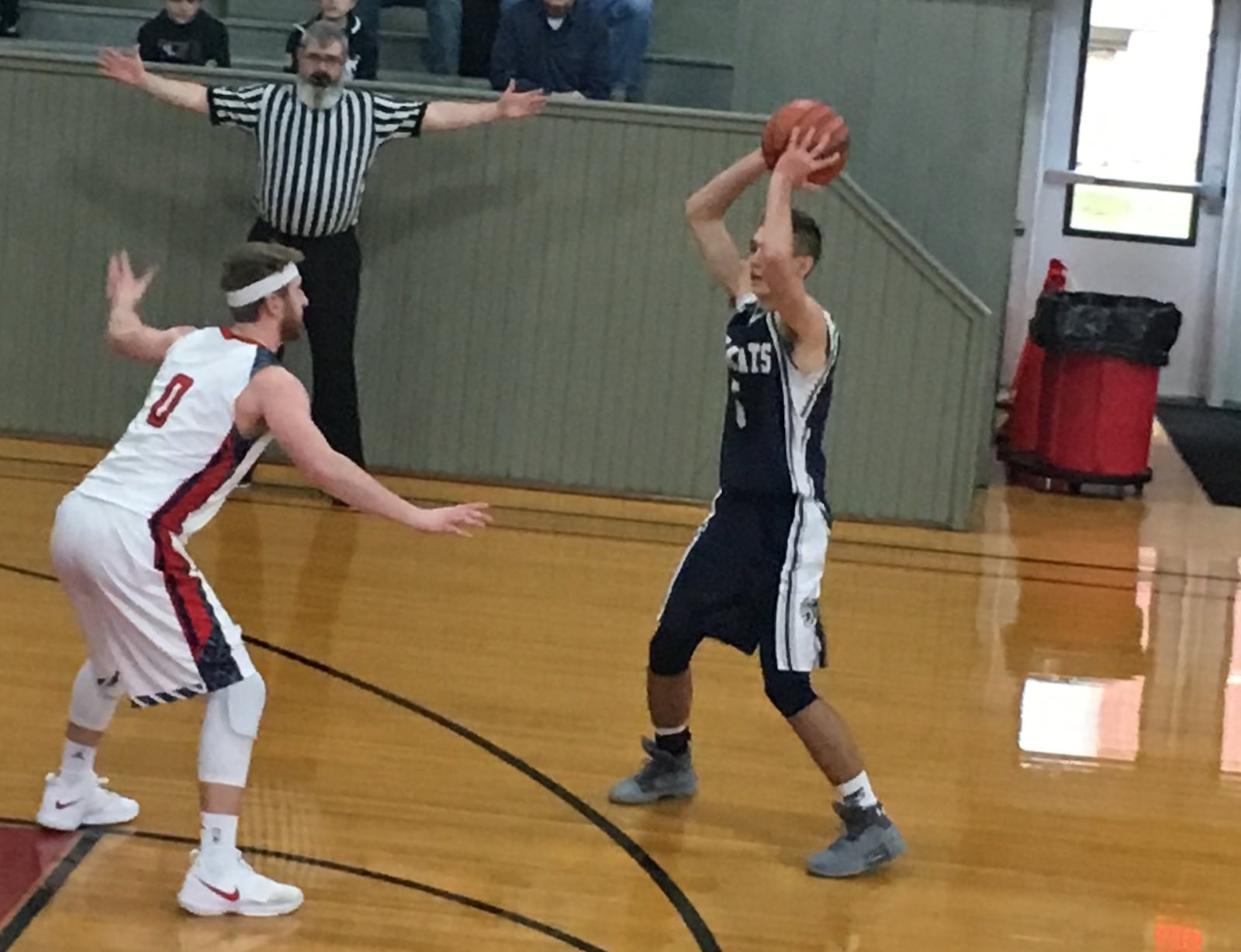 Talawanda’s Evan James defends Dylan Little of Franklin County (Ind.) during Saturday afternoon’s game at the Hoosier Gym in Knightstown, Ind. RICK CASSANO/STAFF