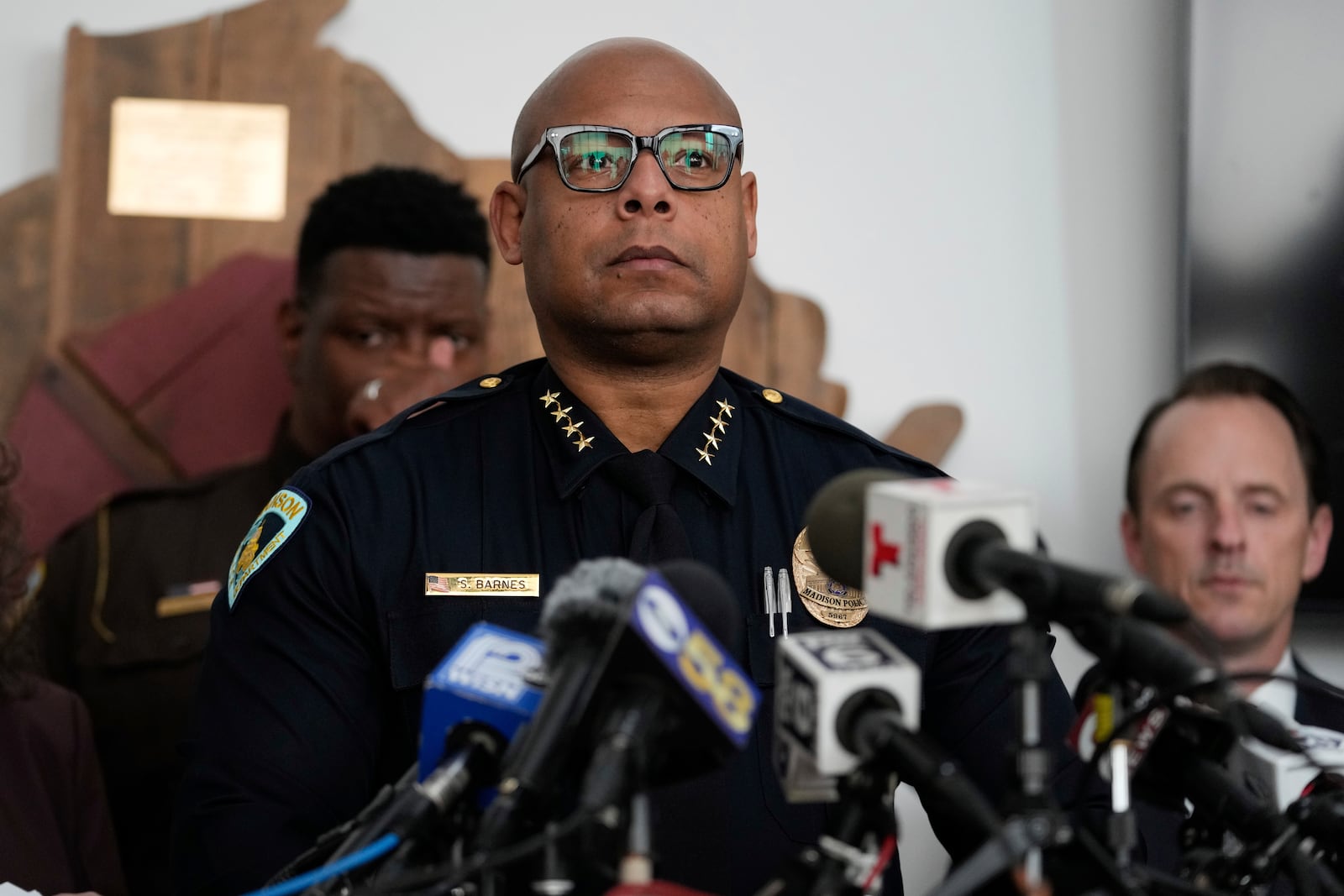 Madison Police chief Shon F. Barnes speaks at a news conference Tuesday, Dec. 17, 2024, in Madison, Wis., following a shooting at the Abundant Life Christian School on Monday. (AP Photo/Nam Y. Huh)