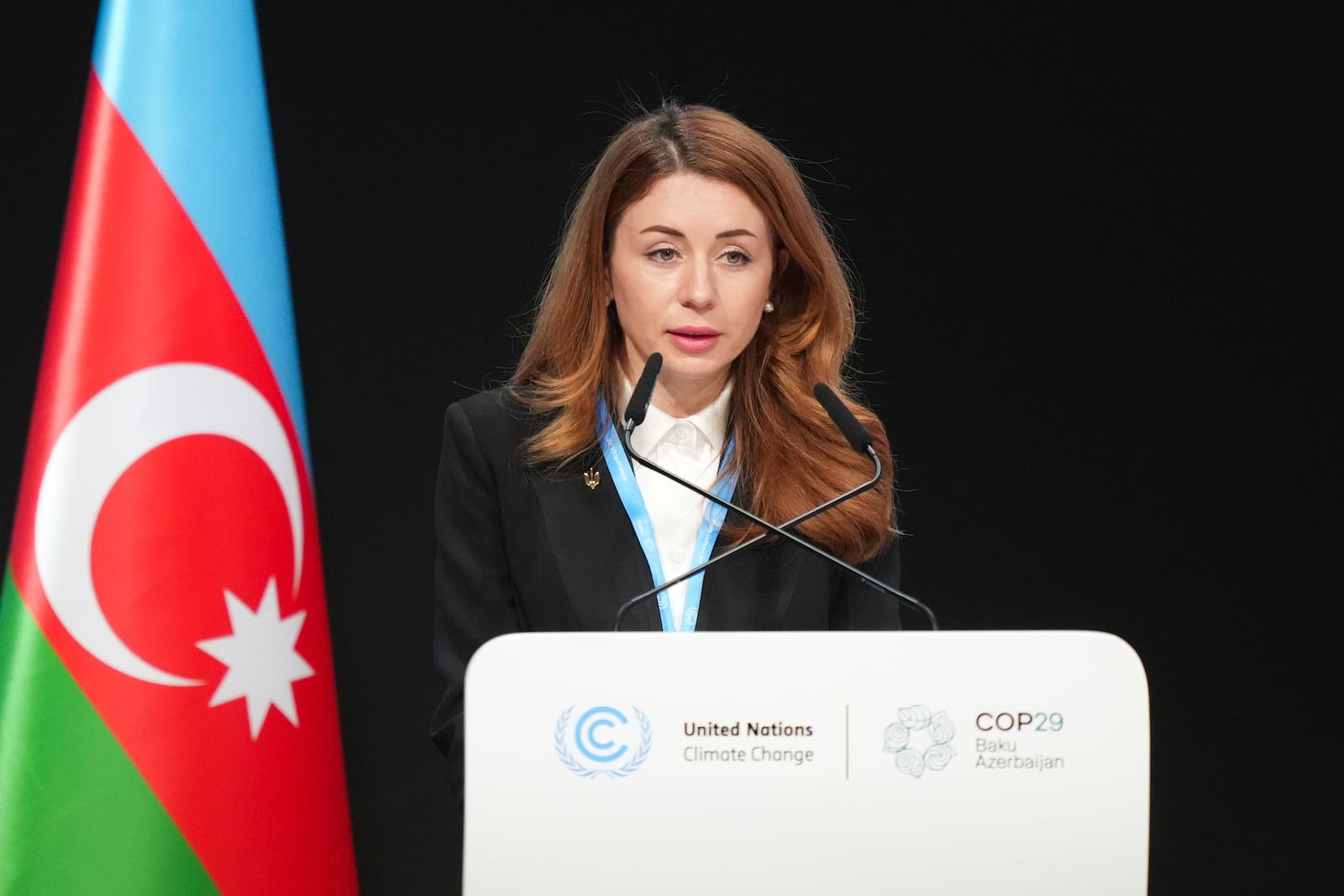 Ukraine Environment Minister Svitlana Hrynchuck speaks during a plenary session at the COP29 U.N. Climate Summit, Wednesday, Nov. 20, 2024, in Baku, Azerbaijan. (AP Photo/Sergei Grits)