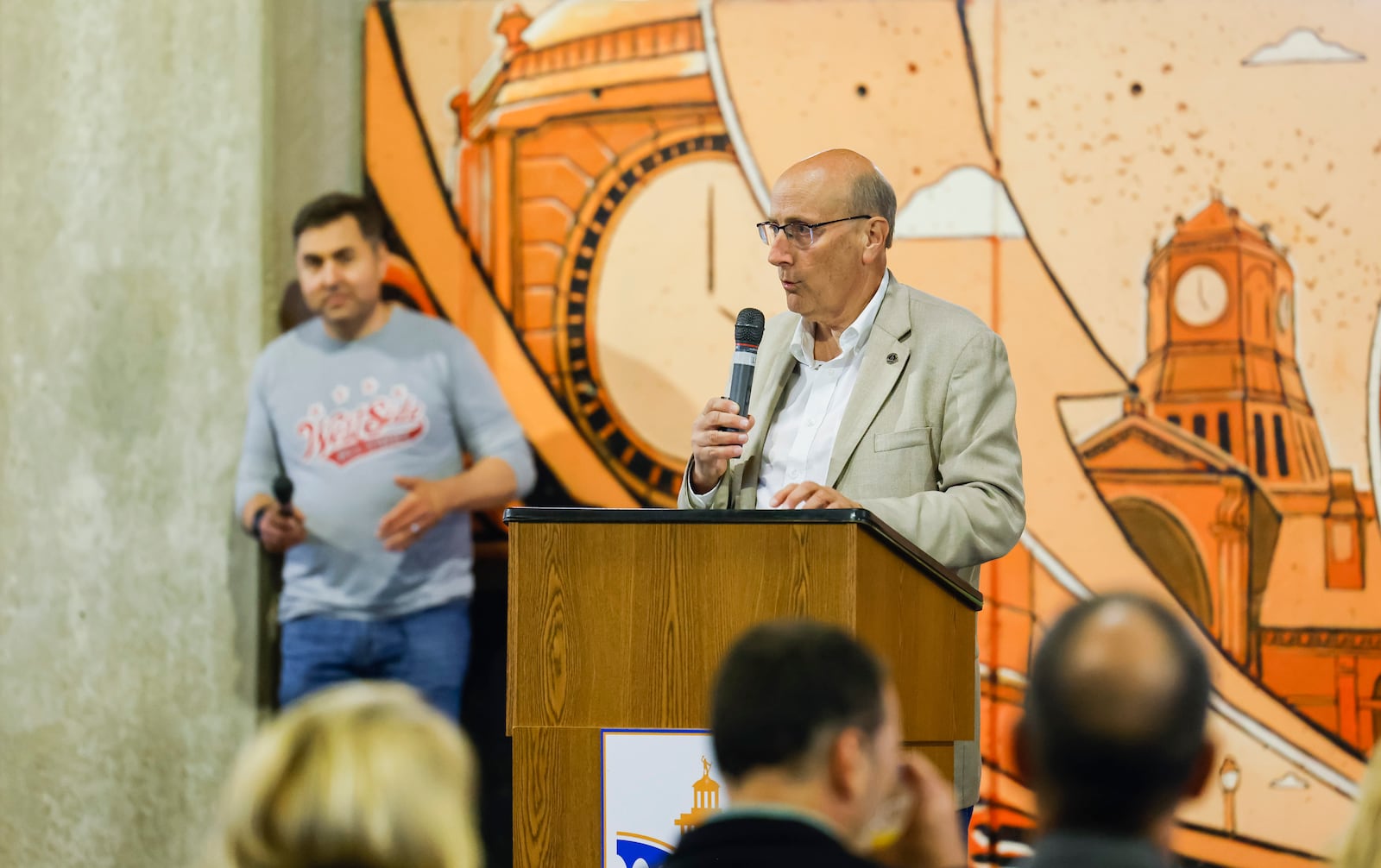 Hamilton mayor Pat Moeller speaks during the state of the city address under the McDulin Parking Garage Thursday, May 5, 2022. The location was moved from the original location of Municipal Brew Works due to rain. NICK GRAHAM/STAFF