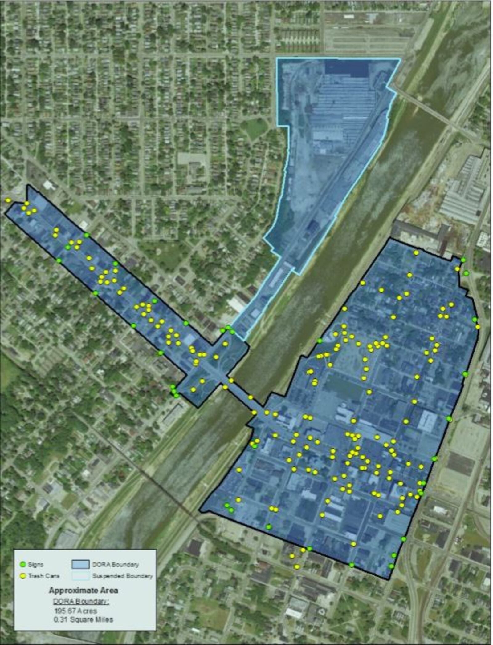 A map of the Hamilton downtown area that will be included in the Downtown Outdoor Refreshment Area. Yellow dots indicate trash cans, with green dots showing where boundary signs will be located.