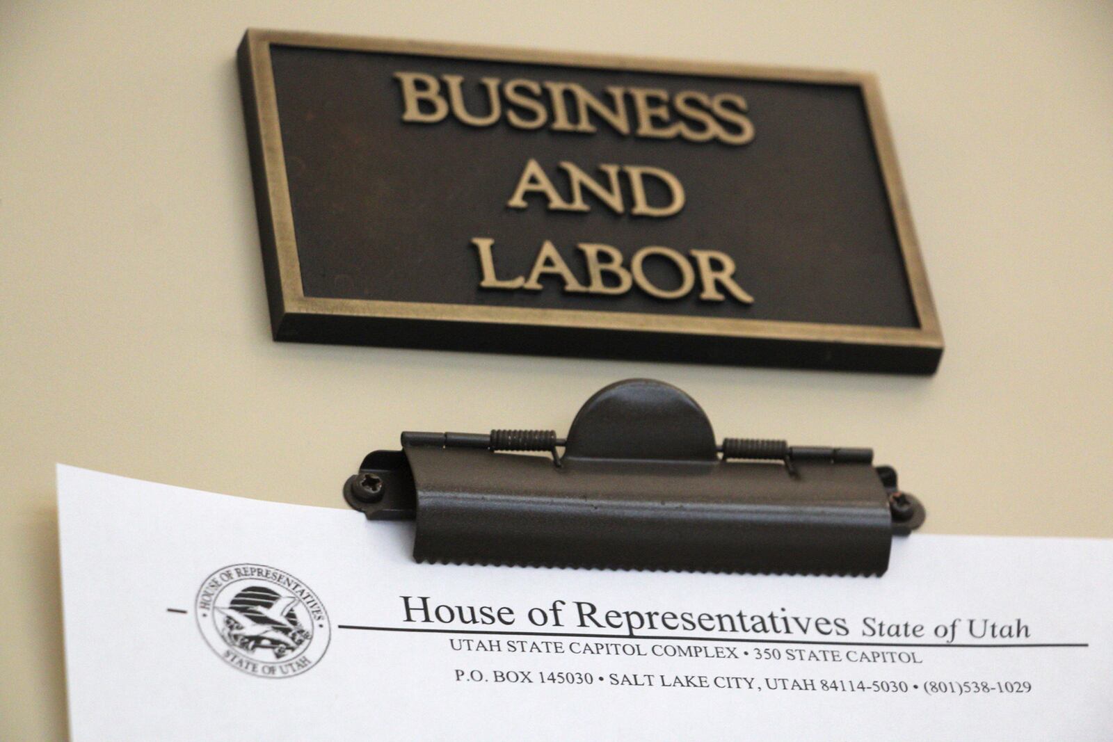 Utah's House Business and Labor Committee letterhead is displayed Thursday, Jan. 23, 2025, in Salt Lake City. (AP Photo/Hannah Schoenbaum)