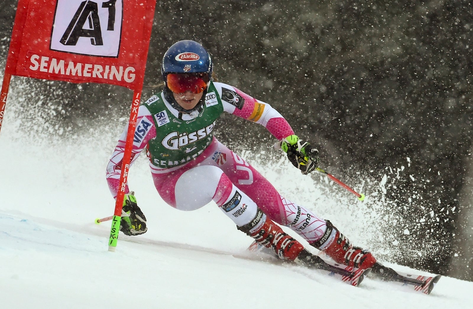 FILE - United States' Mikaela Shiffrin speeds down the course during the first run of an alpine ski, women's World Cup Giant Slalom, in Semmering, Austria, Wednesday, Dec. 28, 2016. (AP Photo/Marco Tacca, File)