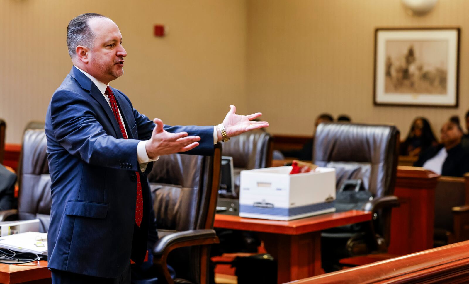 Butler County Assistant Prosecutor Brad Burress delivers his opening statement in the trial of Robert Morris Tuesday, Dec. 12 in Butler County Common Pleas Court for the shooting death of 22-year-old Keshon Sanders on Oct. 20, 2022. Sanders was found in his car, shot multiple times, at Meadow Ridge Apartments in West Chester Township. NICK GRAHAM/STAFF