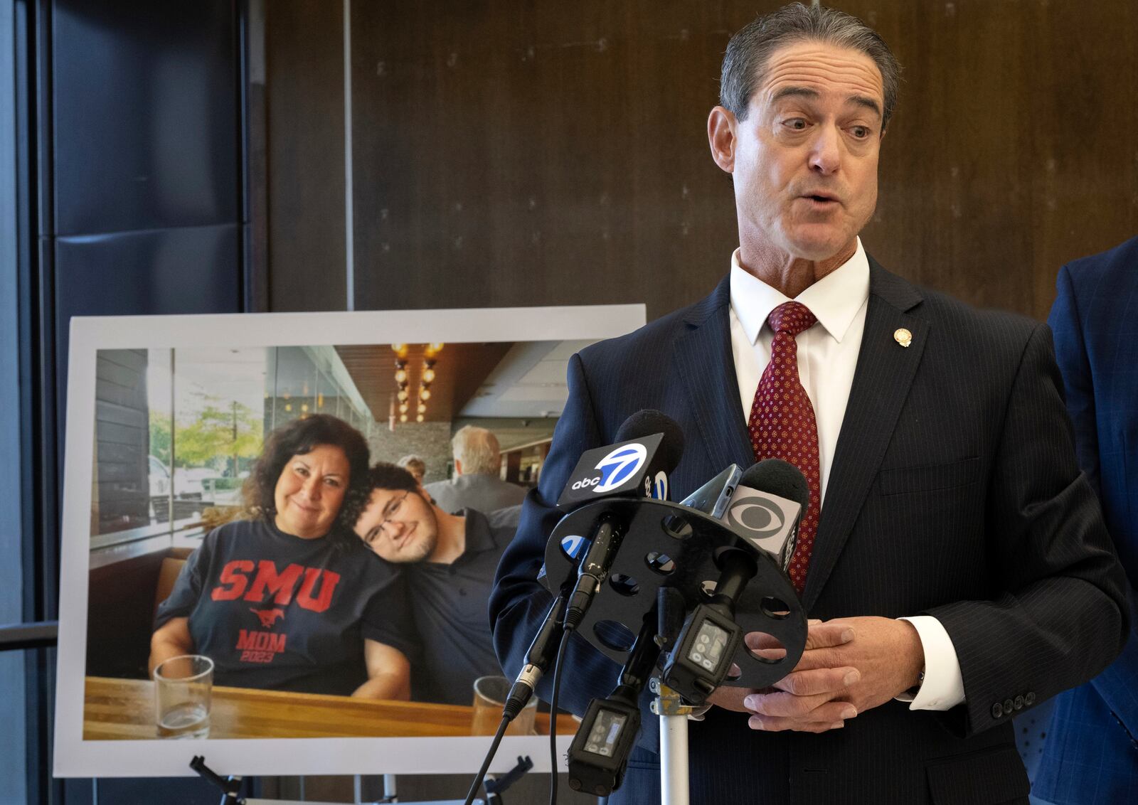 Orange County District Attorney Todd Spitzer talks to the media about Judge Cameron Ferguson's murder trial ending in a 11-1 deadlock in Santa Ana, Calif., Monday, March 10, 2025, after 9 days of deliberations. (Mindy Schauer/The Orange County Register via AP)