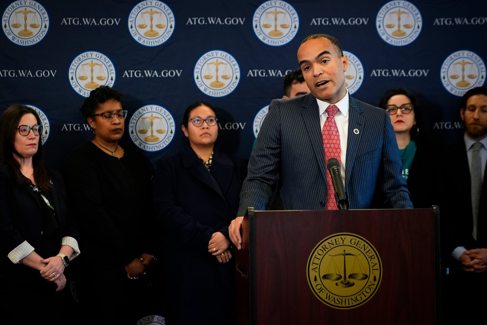 Washington Attorney General Nick Brown speaks during a news conference announcing that Washington will join a federal lawsuit to challenge President Donald Trump's executive order to end birthright citizenship Tuesday, Jan. 21, 2025, in Seattle. (AP Photo/Lindsey Wasson)