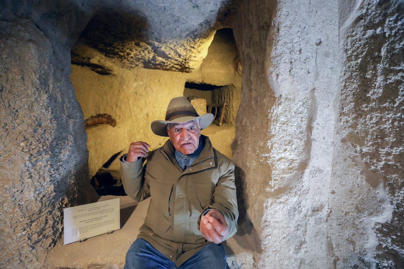 Egyptian archaeologist Zahi Hawass, the head of Zahi Hawass Foundation for Antiquities & Heritage, speaks at a recently discovered ancient rock-cut tomb at the causeway of Queen Hatshepsut's Funerary temple at Deir al-Bahri on the Nile's West Bank, in Luxor, Egypt, Wednesday, Jan. 8, 2025. (APPhoto/Khaled Elfiqi)