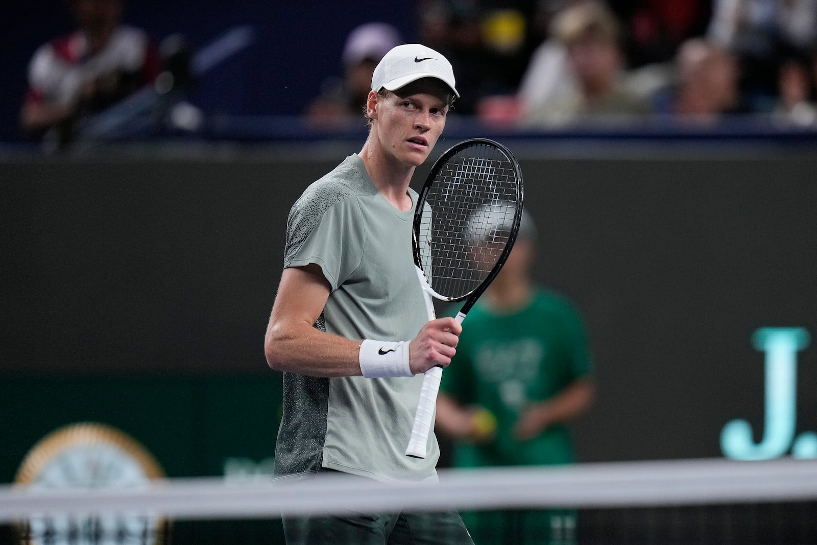 Jannik Sinner of Italy reacts during the men's singles semifinals match against Machac of the Czech Republic in the Shanghai Masters tennis tournament at Qizhong Forest Sports City Tennis Center in Shanghai, China, Saturday, Oct. 12, 2024. (AP Photo/Andy Wong)