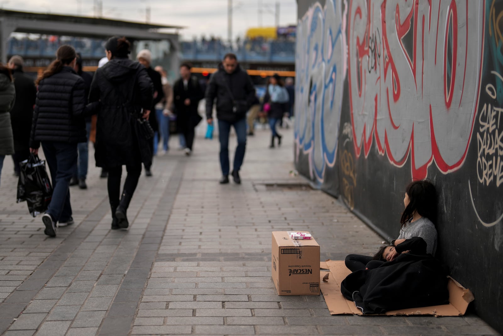 Young girls sell tissues to passersby on the Karakoy sea promenade in Istanbul, Turkey, Saturday, Dec. 7, 2024. (AP Photo/Francisco Seco)