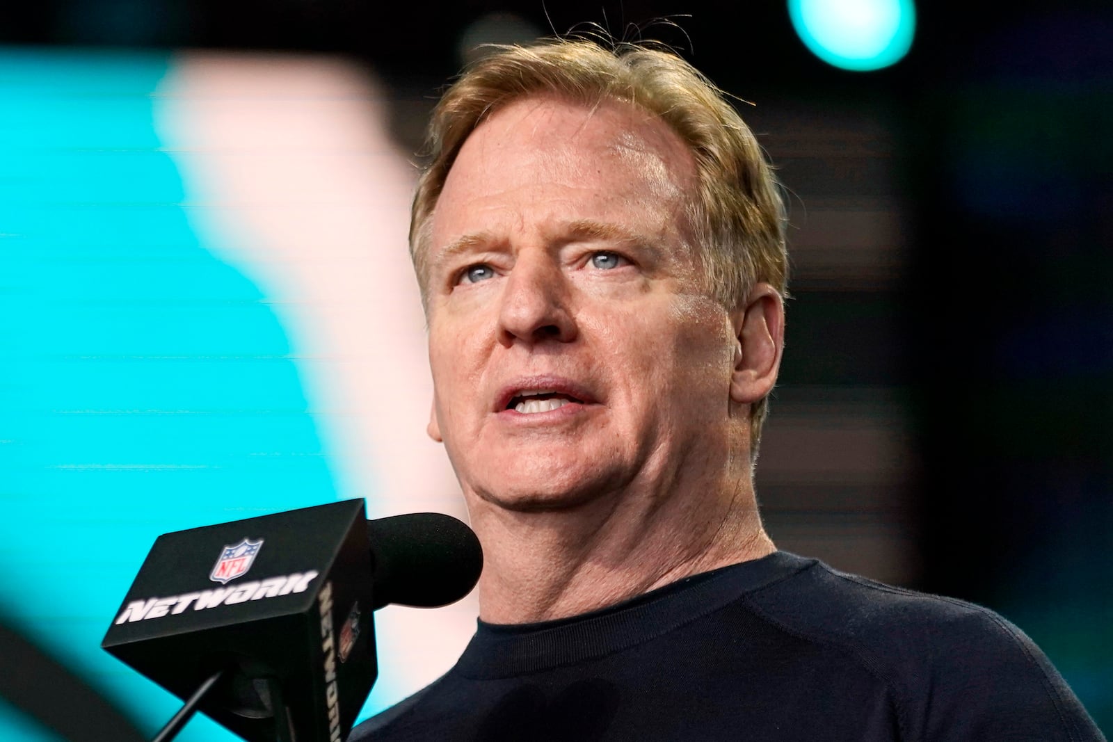 FILE - NFL Commissioner Roger Goodell speaks during the NFL football draft in Cleveland, May 1, 2021. (AP Photo/Tony Dejak, File)