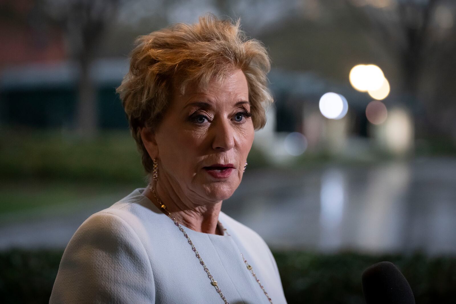 Secretary of Education Linda McMahon speaks to reporters at the White House in Washington, Thursday, March 20, 2025. (AP Photo/Ben Curtis)