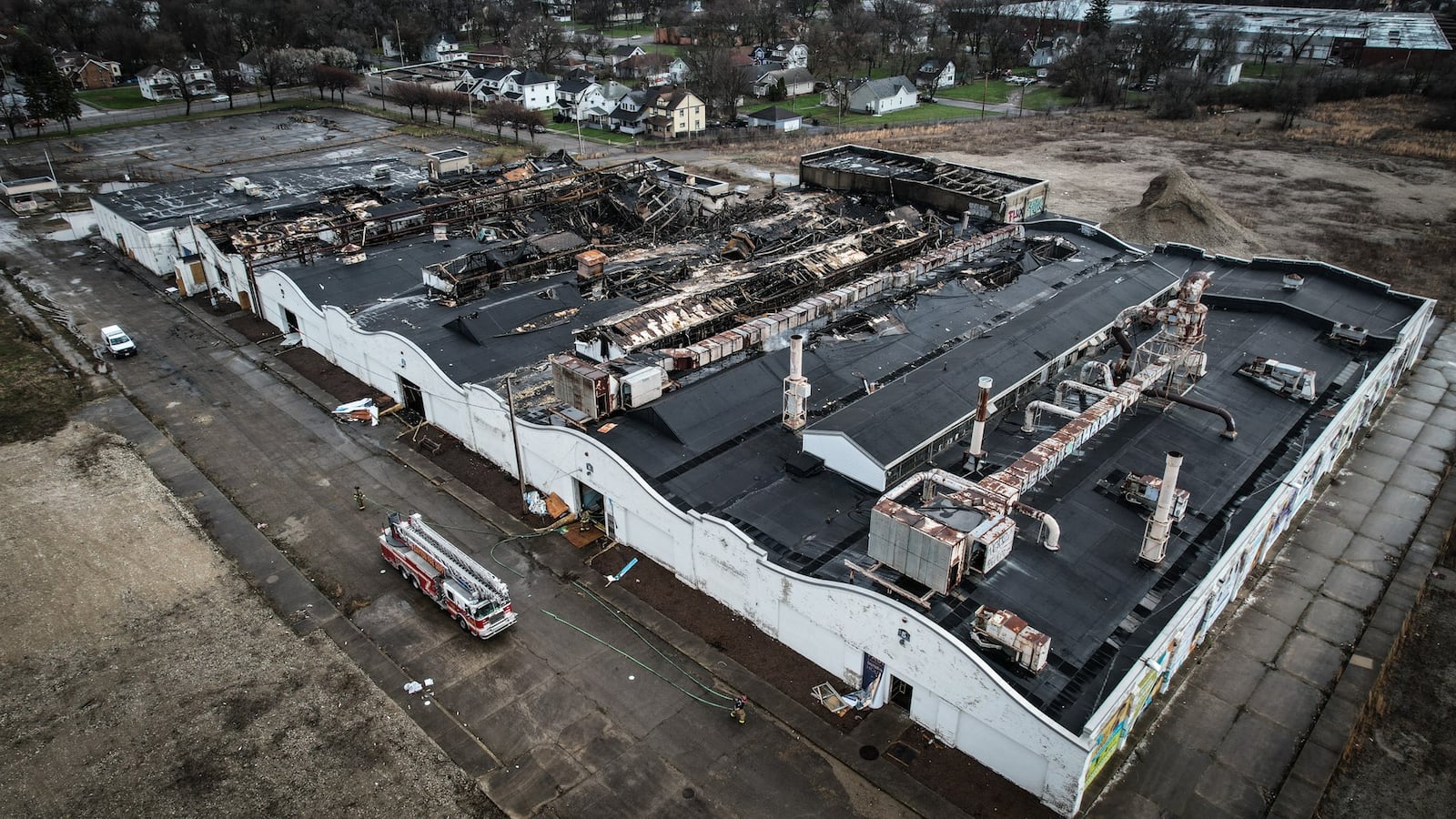 Much of the roof of the Wright Company Factory site has been damaged from an Sunday morning fire. JIM NOELKER/STAFF