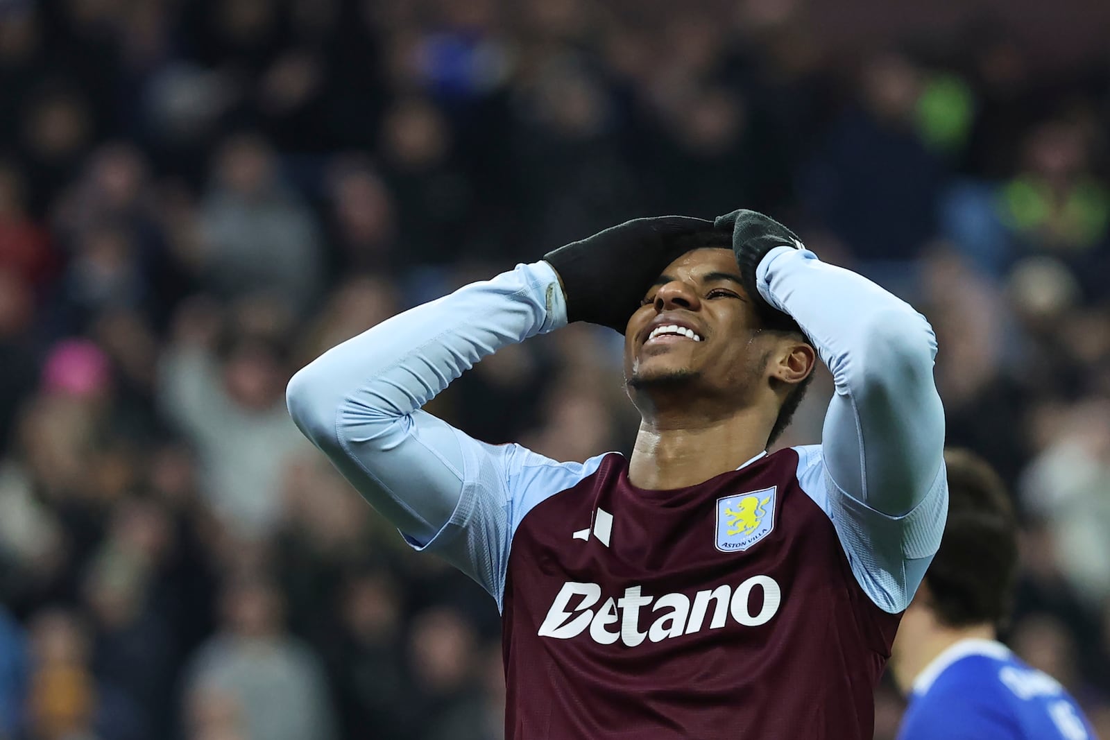 Aston Villa's Marcus Rashford reacts during the English FA Cup fifth round soccer match between Aston Villa and Cardiff City at the Villa Park stadium in Birmingham, England, Friday, Feb. 28, 2025. (AP Photo/Darren Staples)