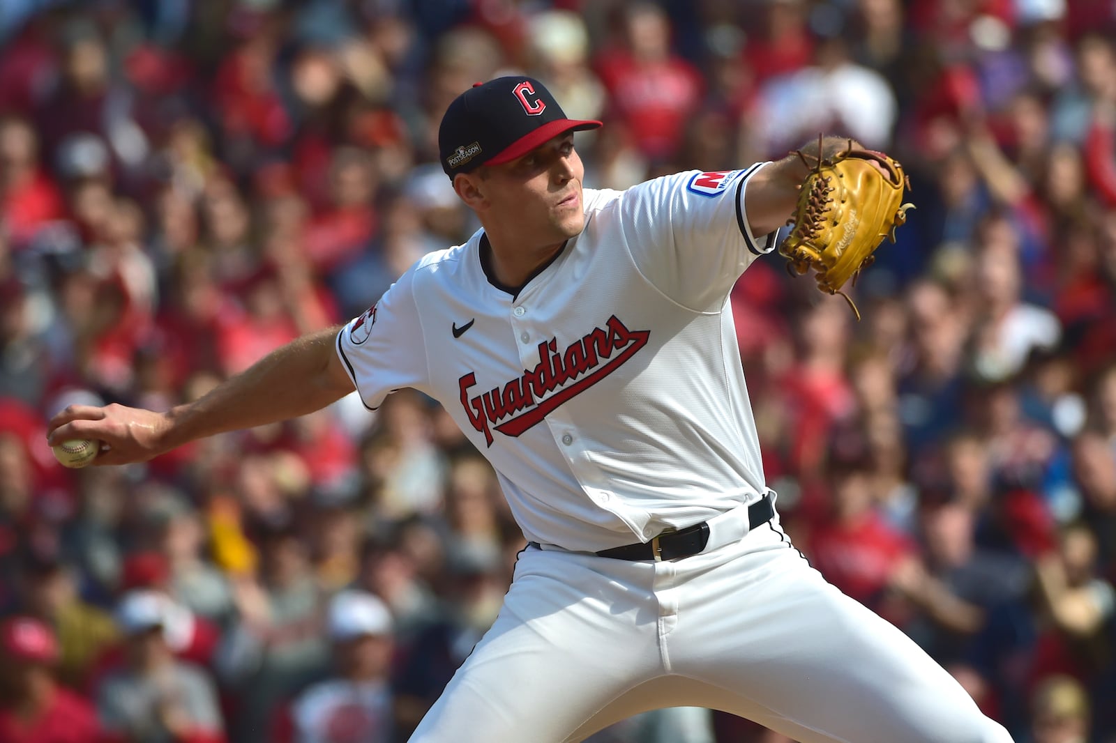 Cleveland Guardians' Cade Smith pitches in the third inning during Game 5 of baseball's American League Division Series against the Detroit Tigers, Saturday, Oct. 12, 2024, in Cleveland. (AP Photo/Phil Long)