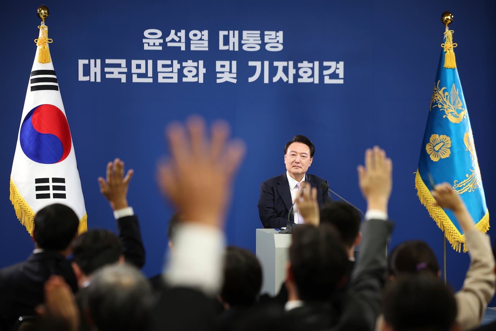 South Korean President Yoon Suk Yeol attends a news conference at the Presidential Office in Seoul, South Korea, Thursday, Nov. 7, 2024. (Kim Hong-Ji/Pool Photo via AP)