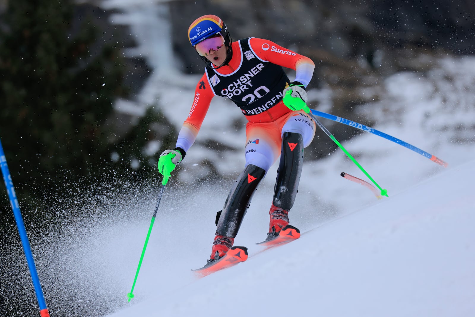 Switzerland's Nef Tanguy competes in an alpine ski, men's World Cup slalom, in Wengen, Switzerland, Sunday, Jan. 19, 2025 (AP Photo/Giovanni Maria Pizzato)