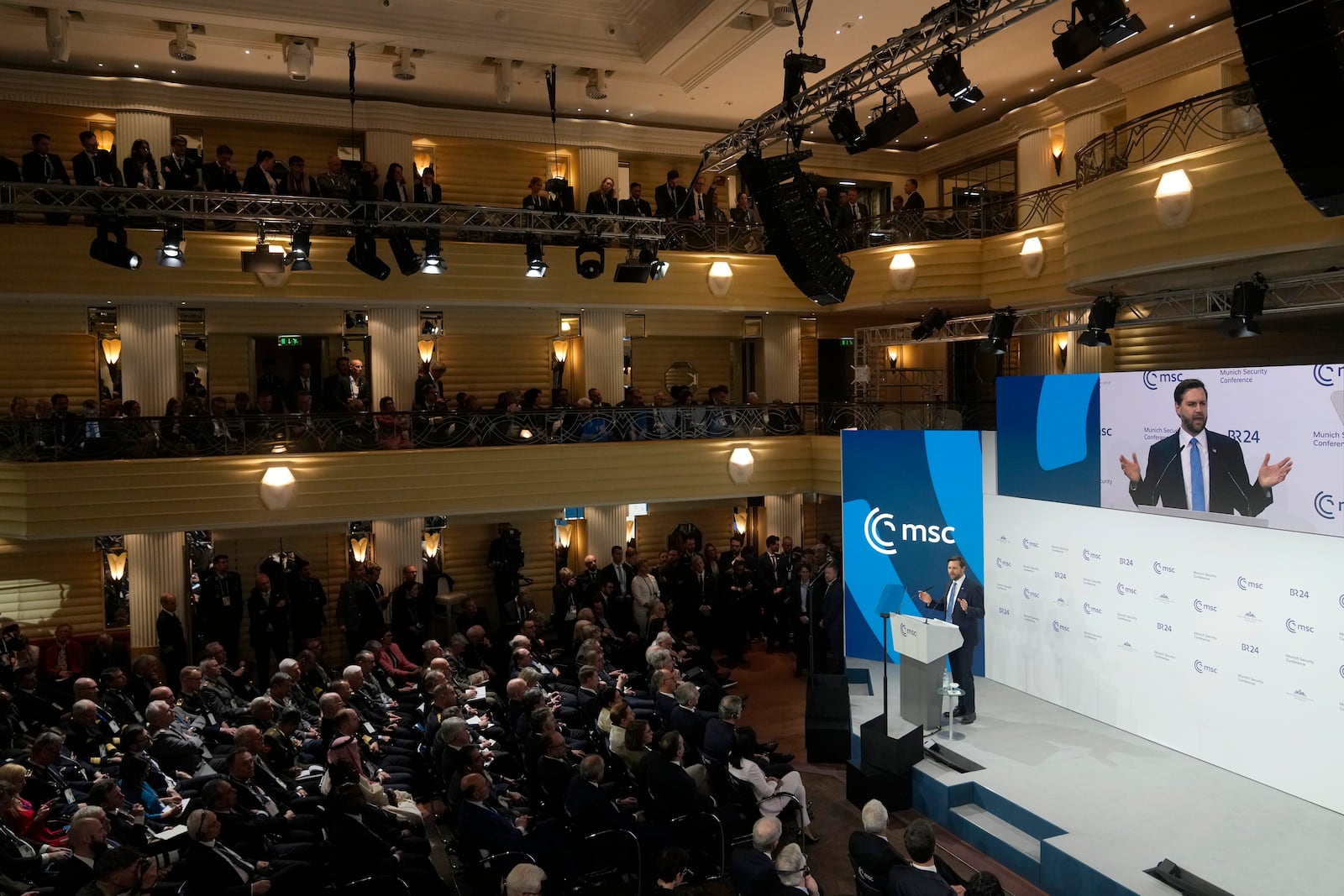 United States Vice-President JD Vance addresses the audience during the Munich Security Conference at the Bayerischer Hof Hotel in Munich, Germany, Friday, Feb. 14, 2025. (AP Photo/Matthias Schrader)