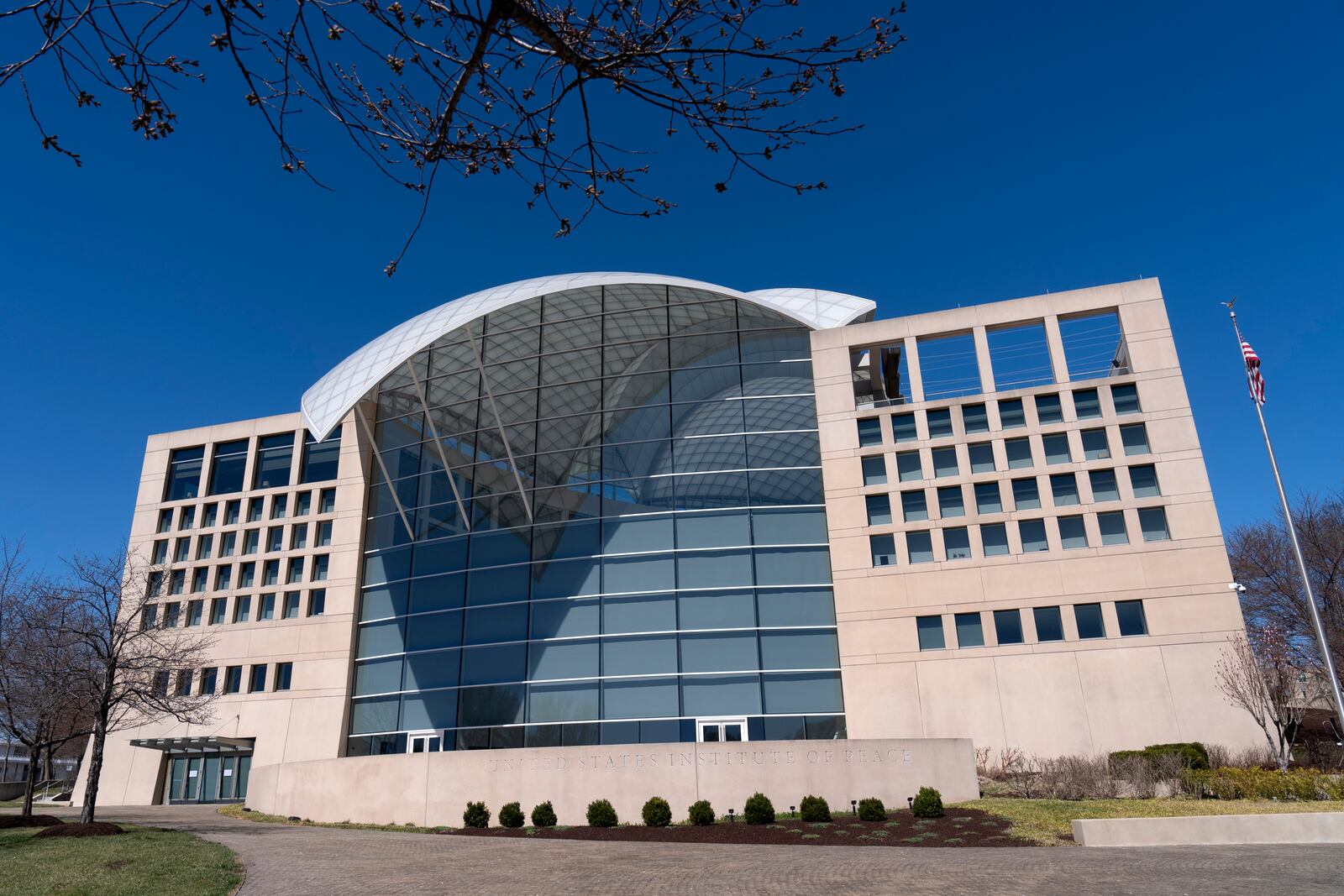 The headquarters of the United States Institute of Peace are seen Tuesday, March 18, 2025, in Washington. (AP Photo/Mark Schiefelbein).