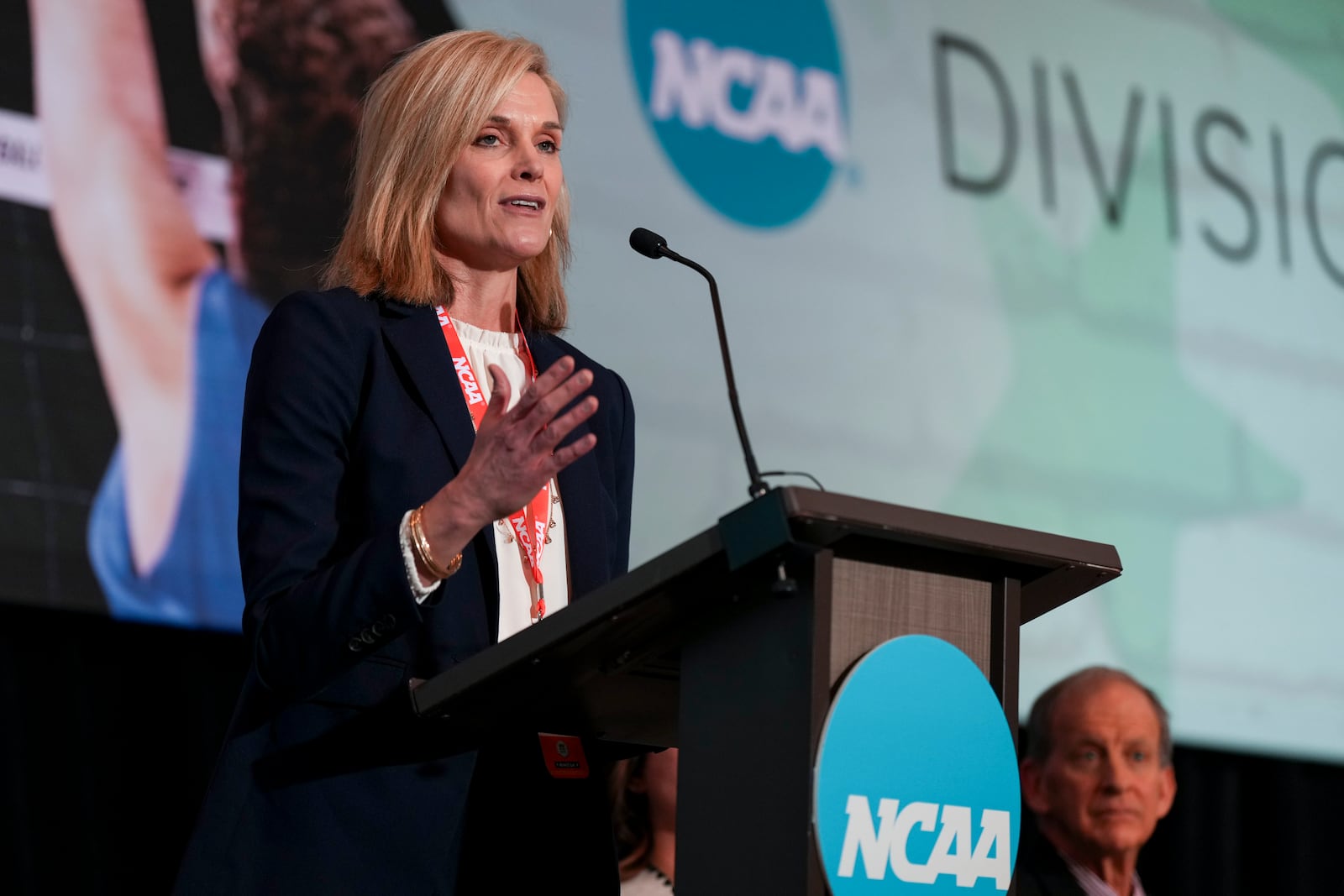 Horizon League Commissioner Julie Roe Lach speaks during the organizations NCAA Division I Business Session at the organization's annual convention Wednesday, Jan. 15, 2025, in Nashville, Tenn. (AP Photo/George Walker IV)