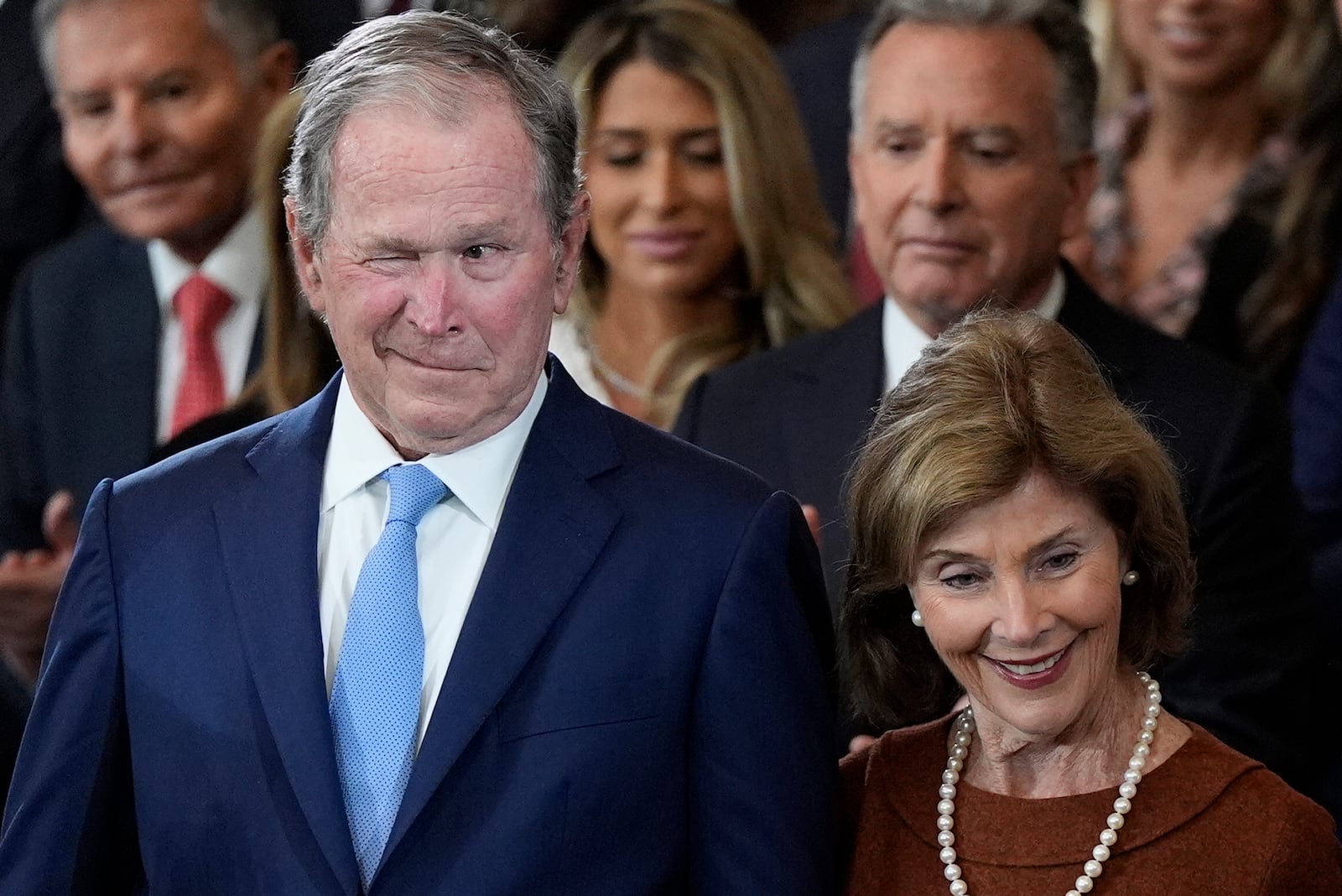 Former President George W. Bush and Laura Bush arrive before the 60th Presidential Inauguration in the Rotunda of the U.S. Capitol in Washington, Monday, Jan. 20, 2025. (AP Photo/Julia Demaree Nikhinson, Pool)