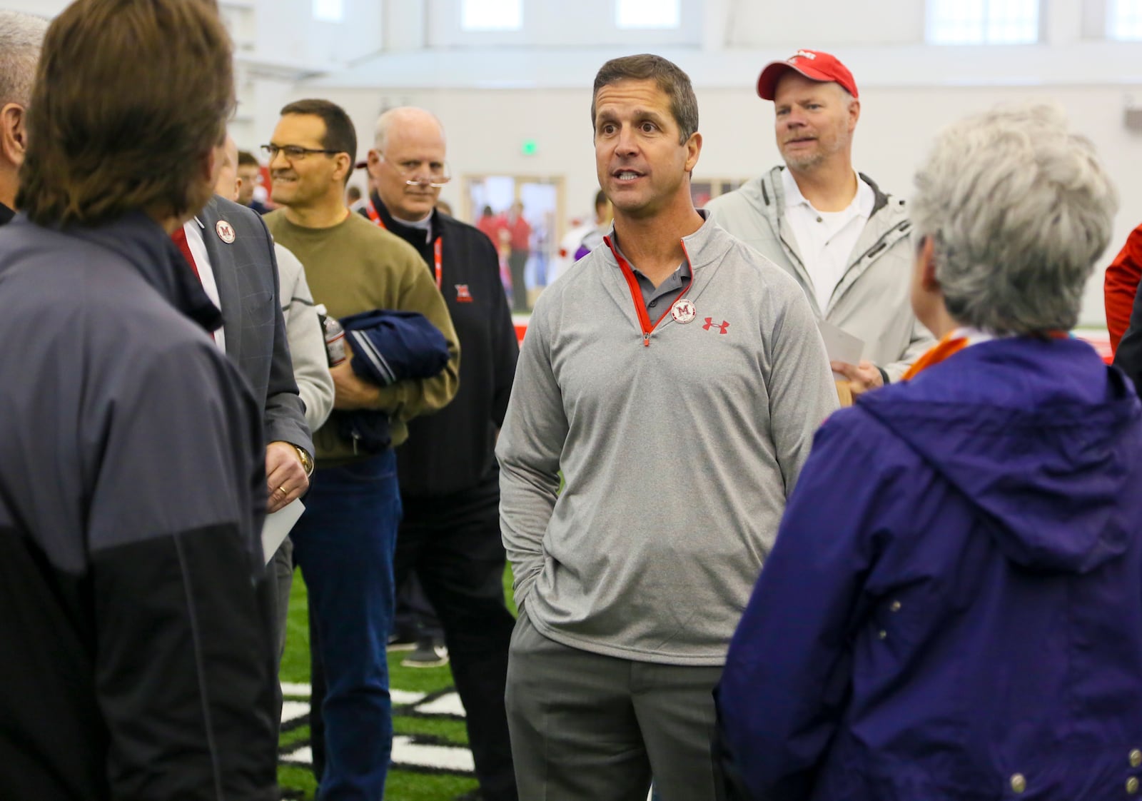 John Harbaugh looks around the new David and Anita Dauch Indoor Sports Center at Miami University before a ribbon cutting ceremony, Saturday, Apr. 25, 2015. GREG LYNCH / STAFF