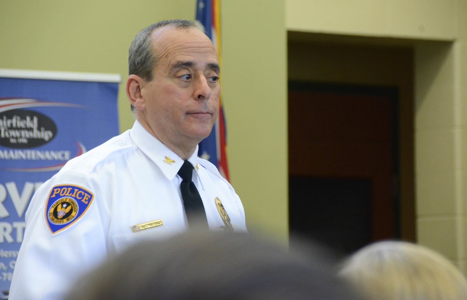 Fairfield Twp. Police Chief Robert Chabali talk with about 20 Fairfield freshmen Thursday, Nov. 9, 2017, about the police department. The students visited the Fairfield Twp. Administration to learn about government as part of a career day with Junior Achivement of OKI. Some 200 Fairfield students went out into the community to learn about various careers. MICHAEL D. PITMAN/STAFF