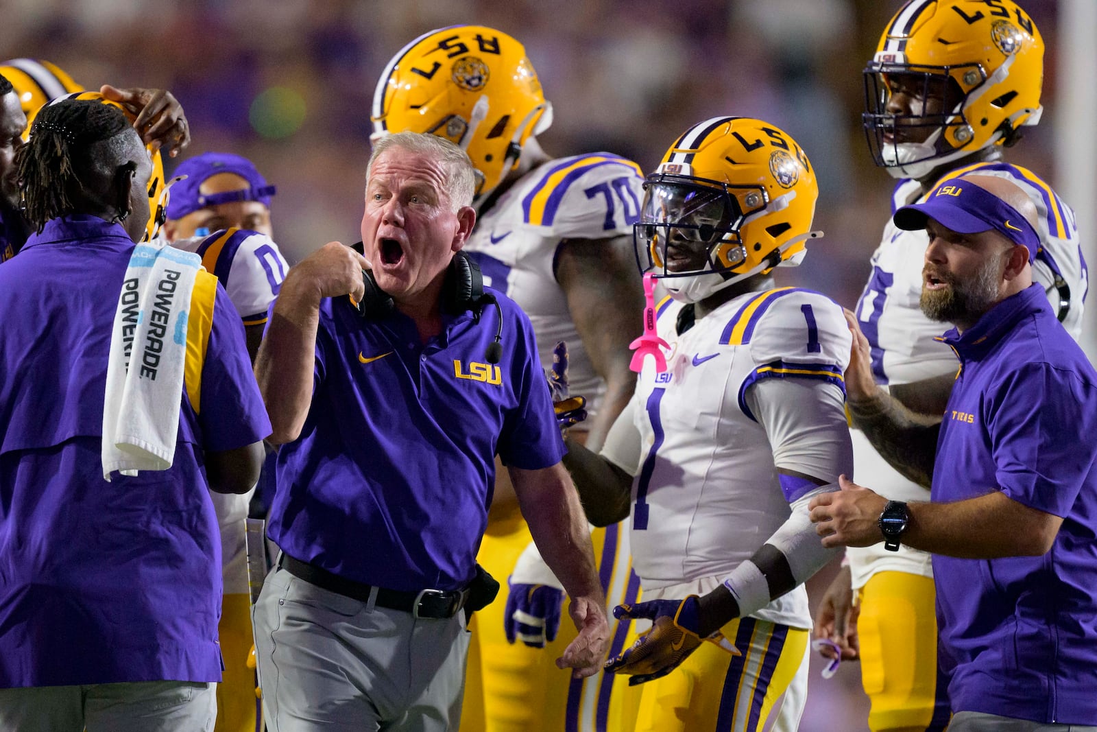 LSU head coach Brian Kelly reacts during the first half of an NCAA college football game against Mississippi in Baton Rouge, La., Saturday, Oct. 12, 2024. (AP Photo/Matthew Hinton)