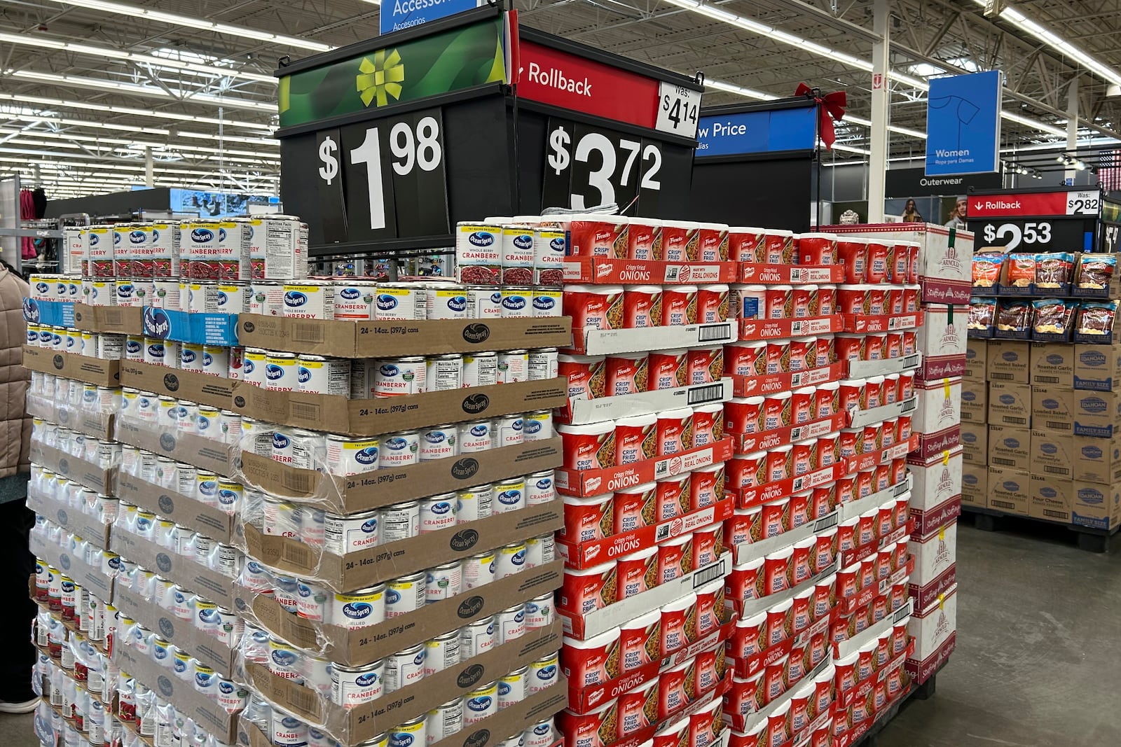 Items to include in holiday dinners are displayed at a Walmart store in Secaucus, N.J., on Wednesday, Nov. 13, 2024. (AP Photo/Anne D'Innocenzio)