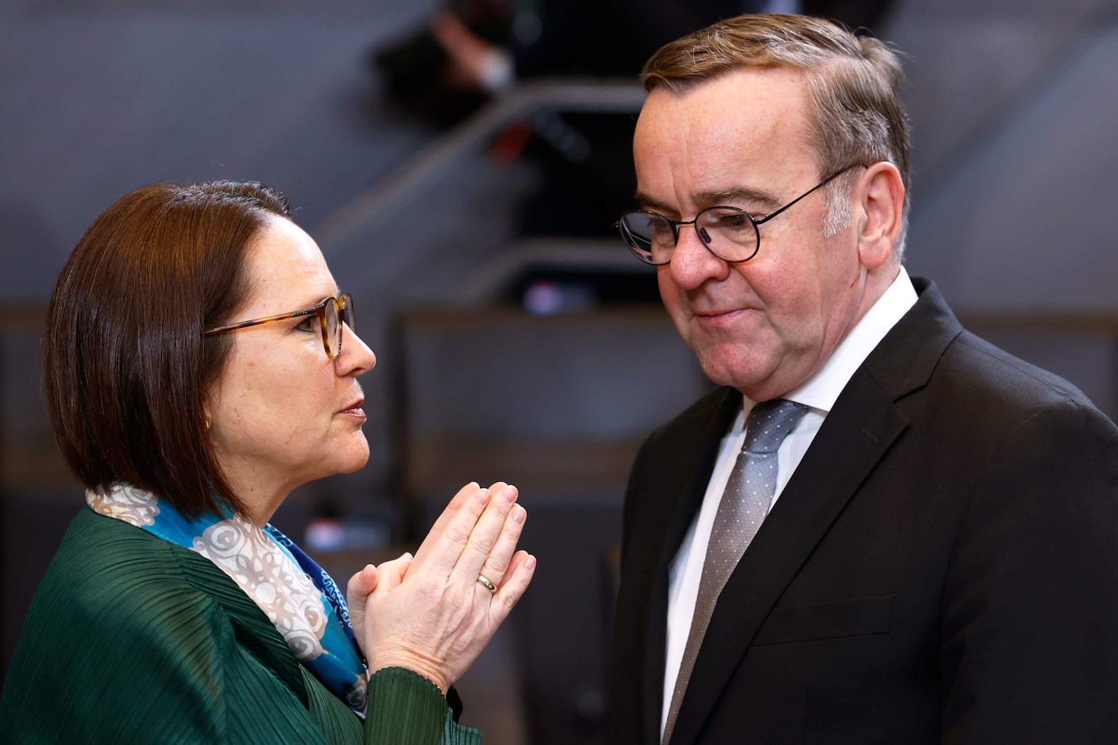 Germany's Defense Minister Boris Pistorius, right, speaks with Luxembourg's Defense Minister Yuriko Backes during a meeting of the North Atlantic Council in defense ministers format at NATO headquarters in Brussels, Thursday, Feb. 13, 2025. (AP Photo/Geert Vanden Wijngaert)