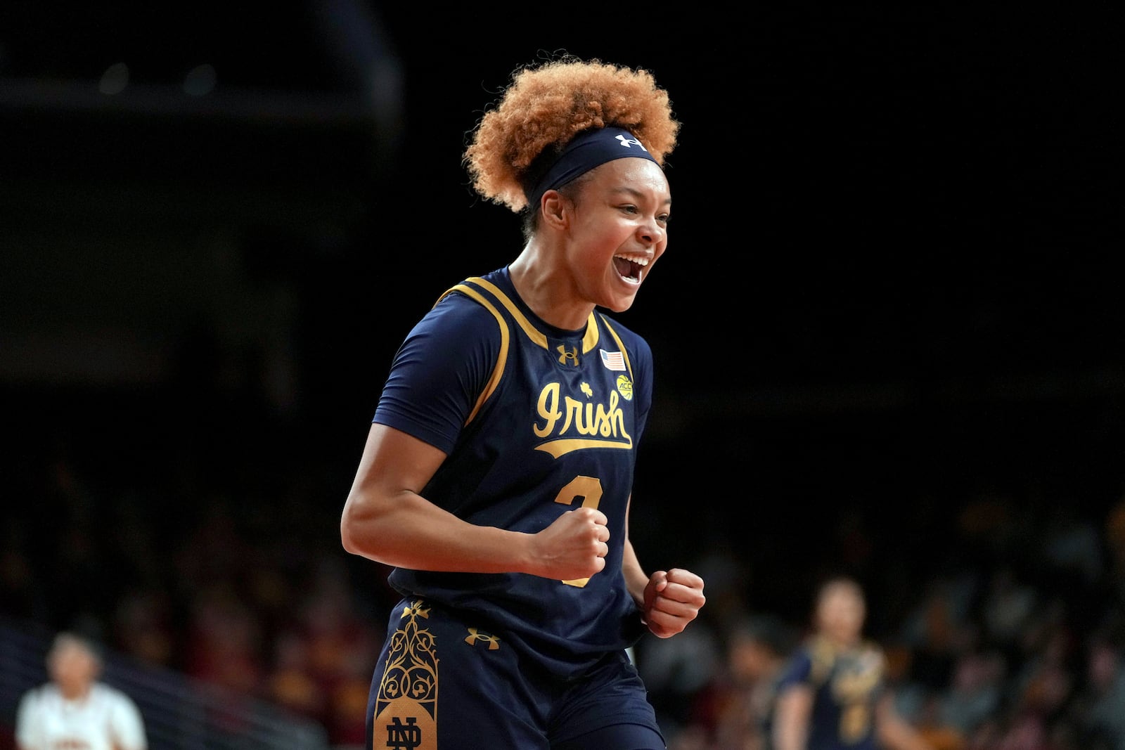 Notre Dame guard Hannah Hidalgo (3) reacts during the first half of an NCAA college basketball game against Southern California, Saturday, Nov. 23, 2024 in Los Angeles. (AP Photo/Eric Thayer)