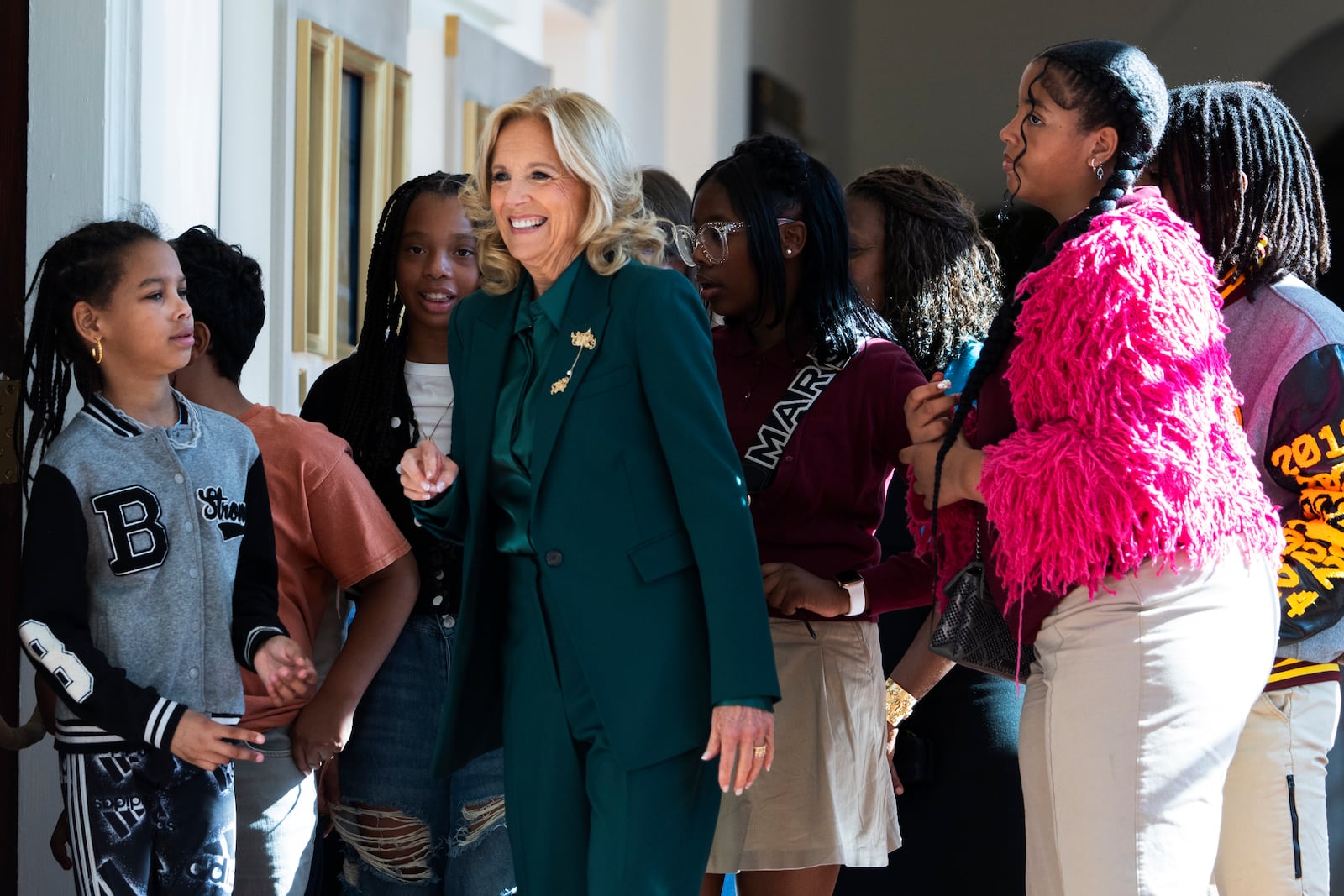 First lady Jill Biden gives students a tour of the White House on the day of the unveiling of the new enhanced White House public tour, Monday, Oct. 21, 2024, in Washington. (AP Photo/Manuel Balce Ceneta)