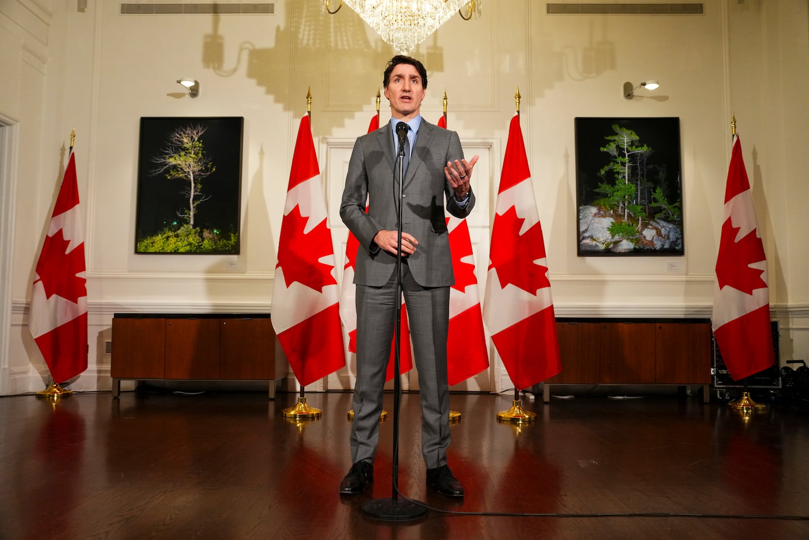 Canada Prime Minister Justin Trudeau holds a press conference at Canada House in London on Sunday, March 2, 2025. (Sean Kilpatrick/The Canadian Press via AP)