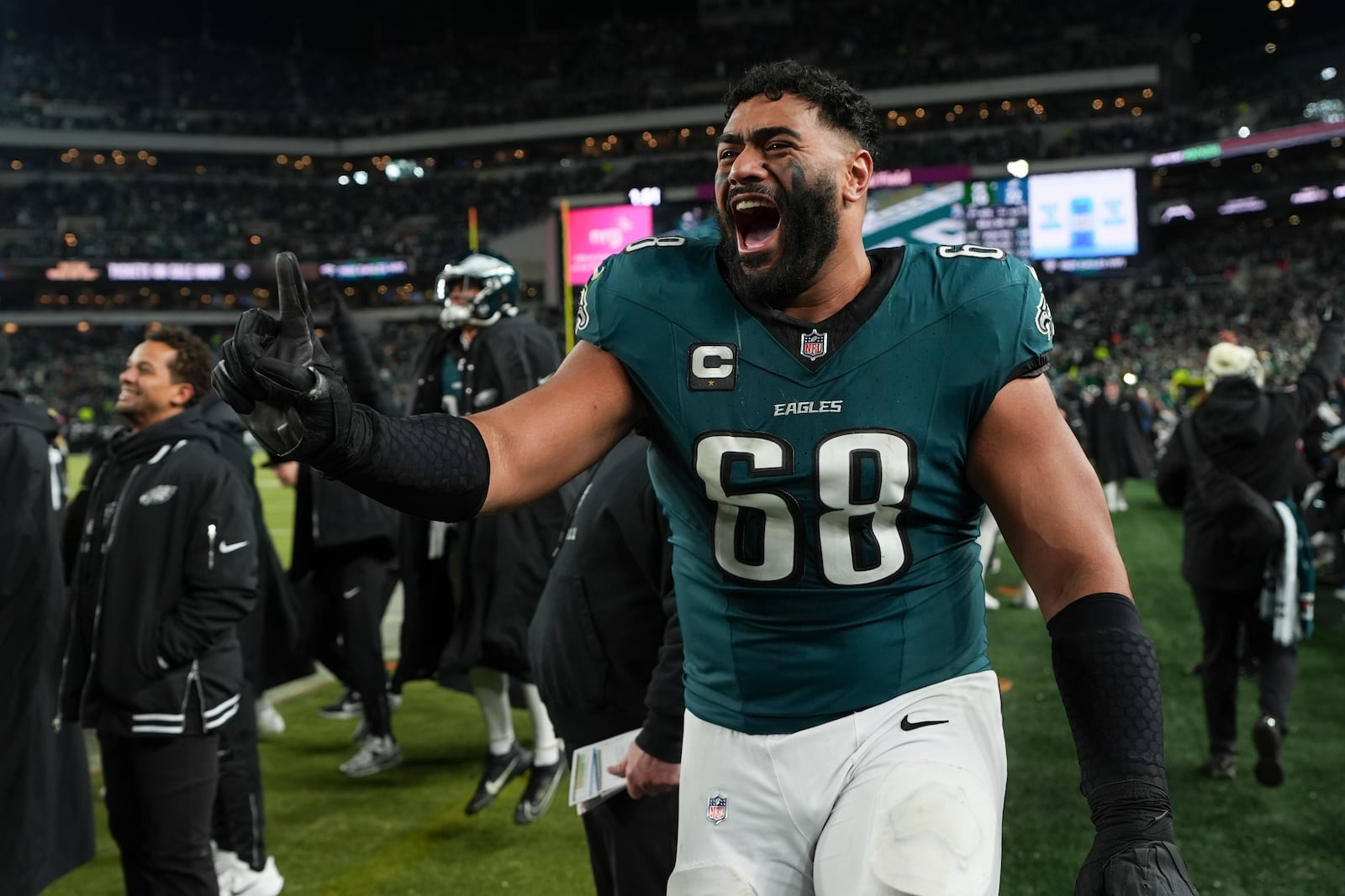 Philadelphia Eagles offensive tackle Jordan Mailata reacts to an interception during the second half of an NFL wild-card playoff football game against the Green Bay Packers on Sunday, Jan. 12, 2025, in Philadelphia. (AP Photo/Matt Slocum)