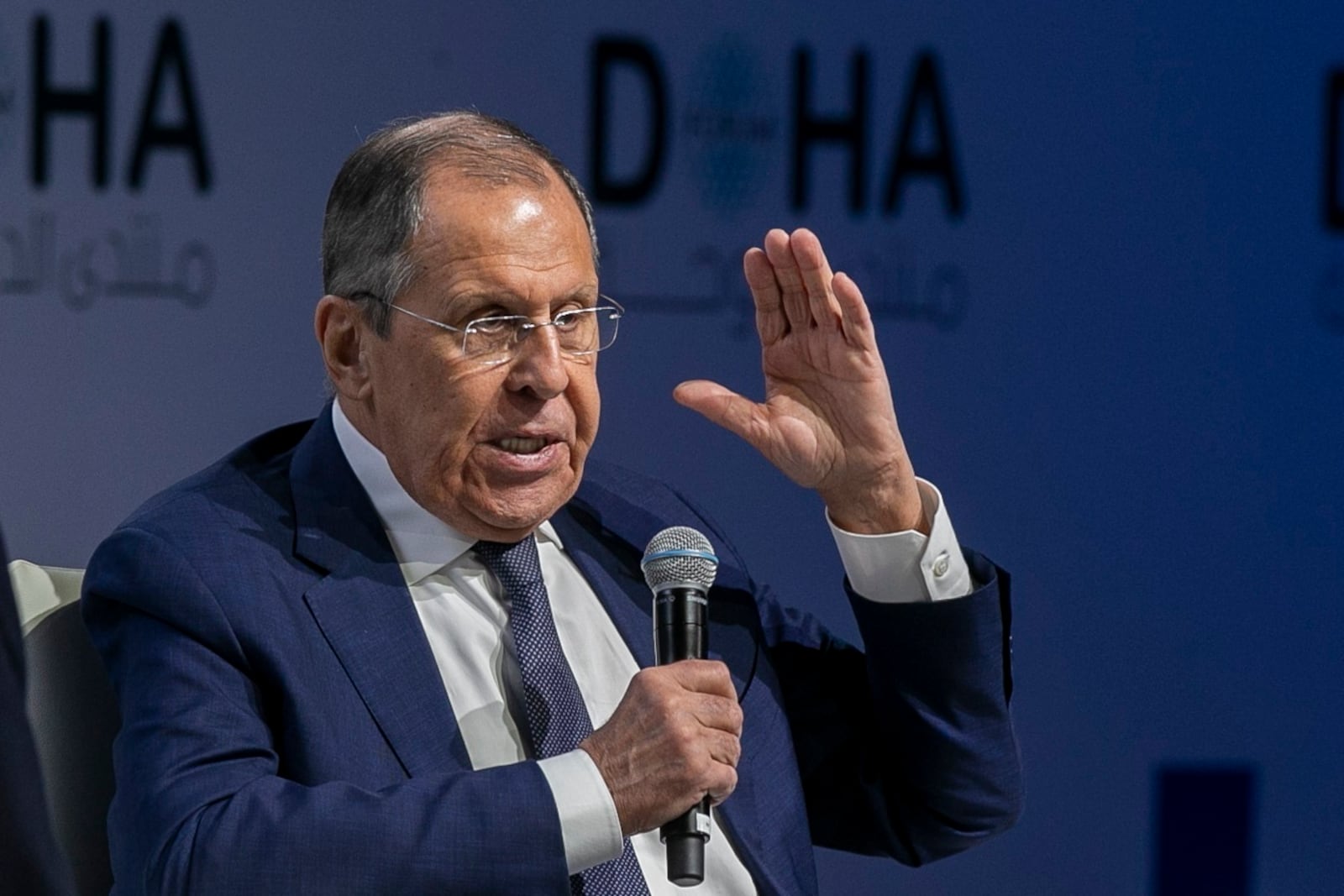 Russian Foreign Minister Sergey Lavrov gestures as he speaks at the Doha Forum in Doha, Qatar, on Saturday Dec. 7, 2024. (AP Photo/Hussein Sayed)